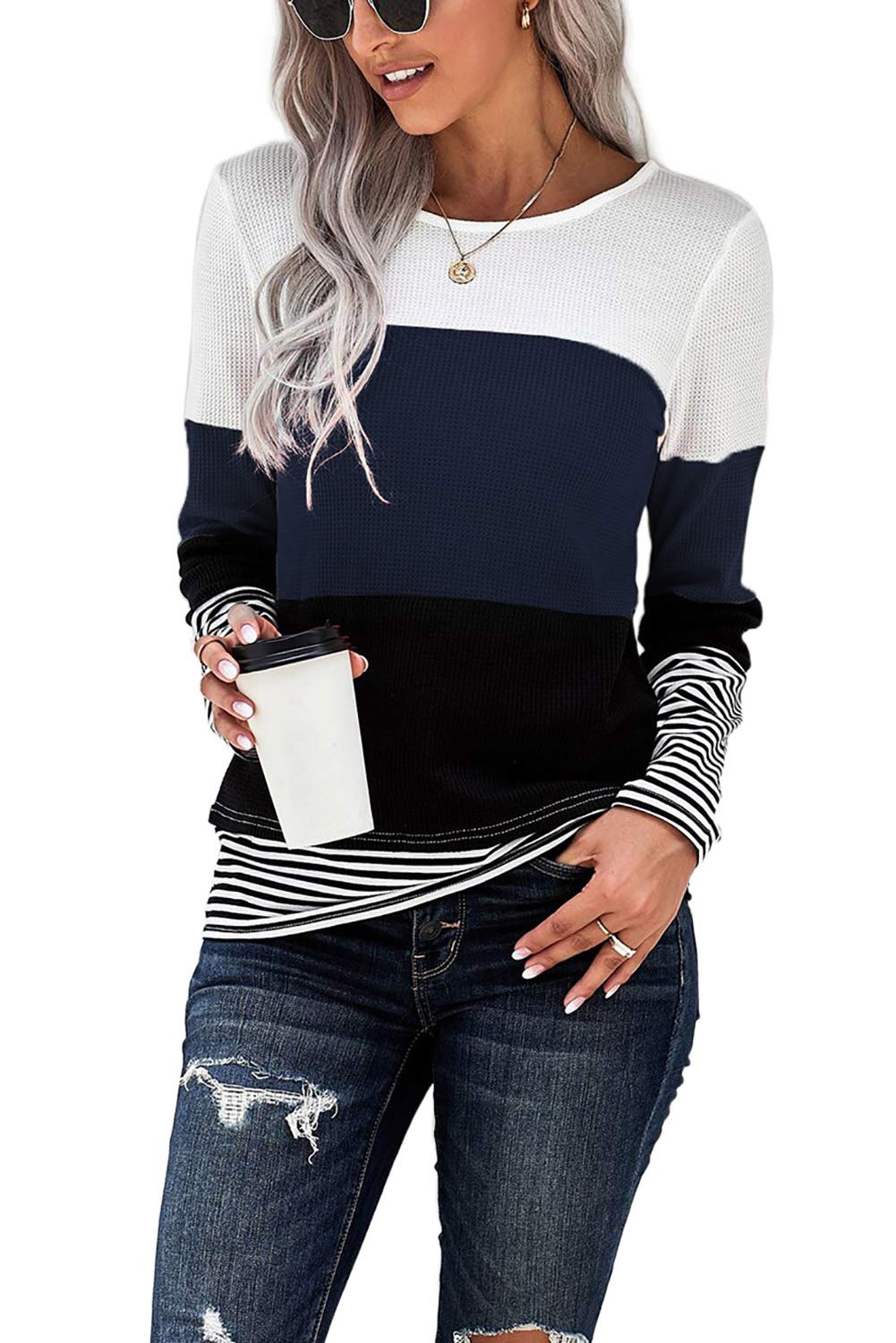 KINGFEN Women's Long Sleeve Color Block Striped Crewneck T-Shirt | Waffle Knit Casual Sweater Top | Perfect for Fall Layering, Office Wear & Weekend Outfits