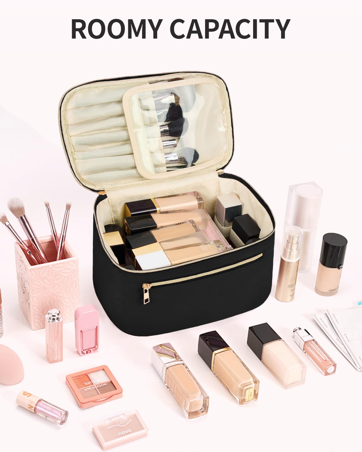 Wandering Nature Large Makeup Bag for Women - Travel Cosmetic Organizer with Brush Holder, Fabric Makeup Case in Black (Patent Pending) - Perfect for Travel, Gym & Daily Beauty Storage