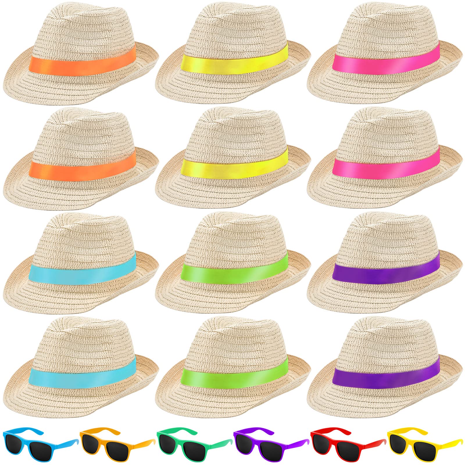 Newcotte Bulk Party Hats - Straw Hats & Fedora Hats with Sunglasses - Hawaiian & Havana Cuban Style - Perfect for Birthday Parties, Luaus & Summer Events