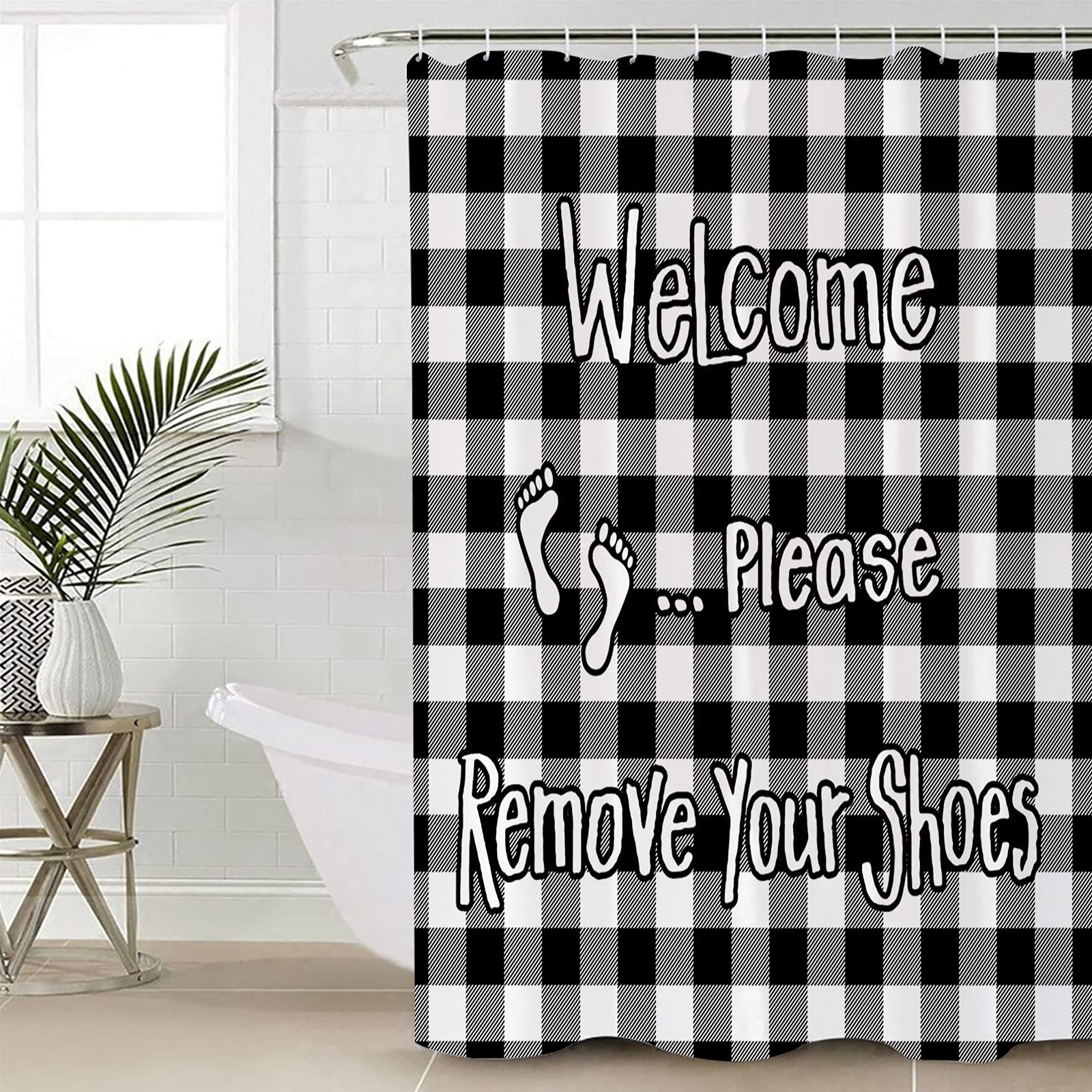4-Piece Bathroom Set - Non-Slip Shower Curtain, Plaid Doormat, Toilet Seat Cover & Bath Mat | Black & White Checkered Decor | Perfect for Modern Bathrooms, Guest Baths & Apartment Living
