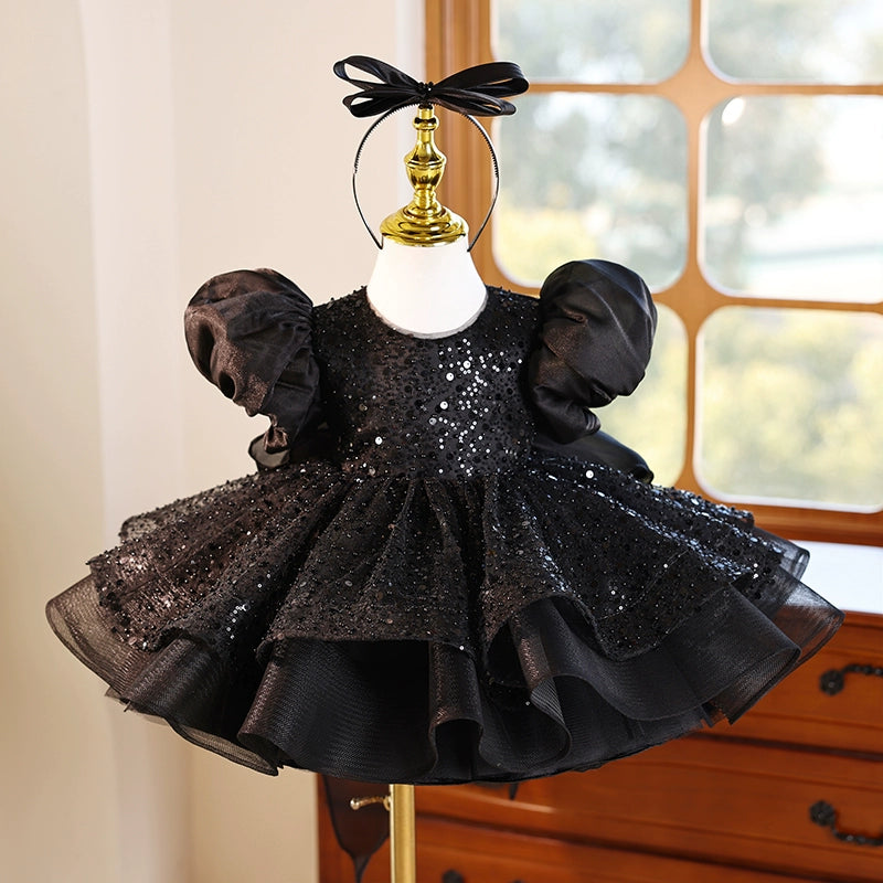 Black Girls Birthday Dress with Puff Sleeves - Princess Party Dress for Kids - Perfect for Birthday Parties, Pageants, and Special Occasions