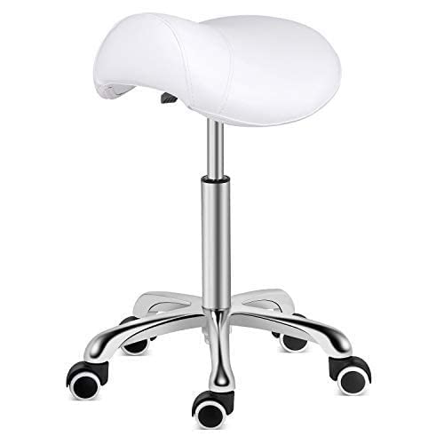 Kaleurrier Heavy Duty Rolling Saddle Stool - Adjustable Height Swivel Chair with Wheels for Lab, Clinic, Dentist, Salon, Massage, Office & Home Kitchen - Ergonomic Stool Without Back (White) - Perfect for Medical Professionals, Hair Stylists & Office Workers
