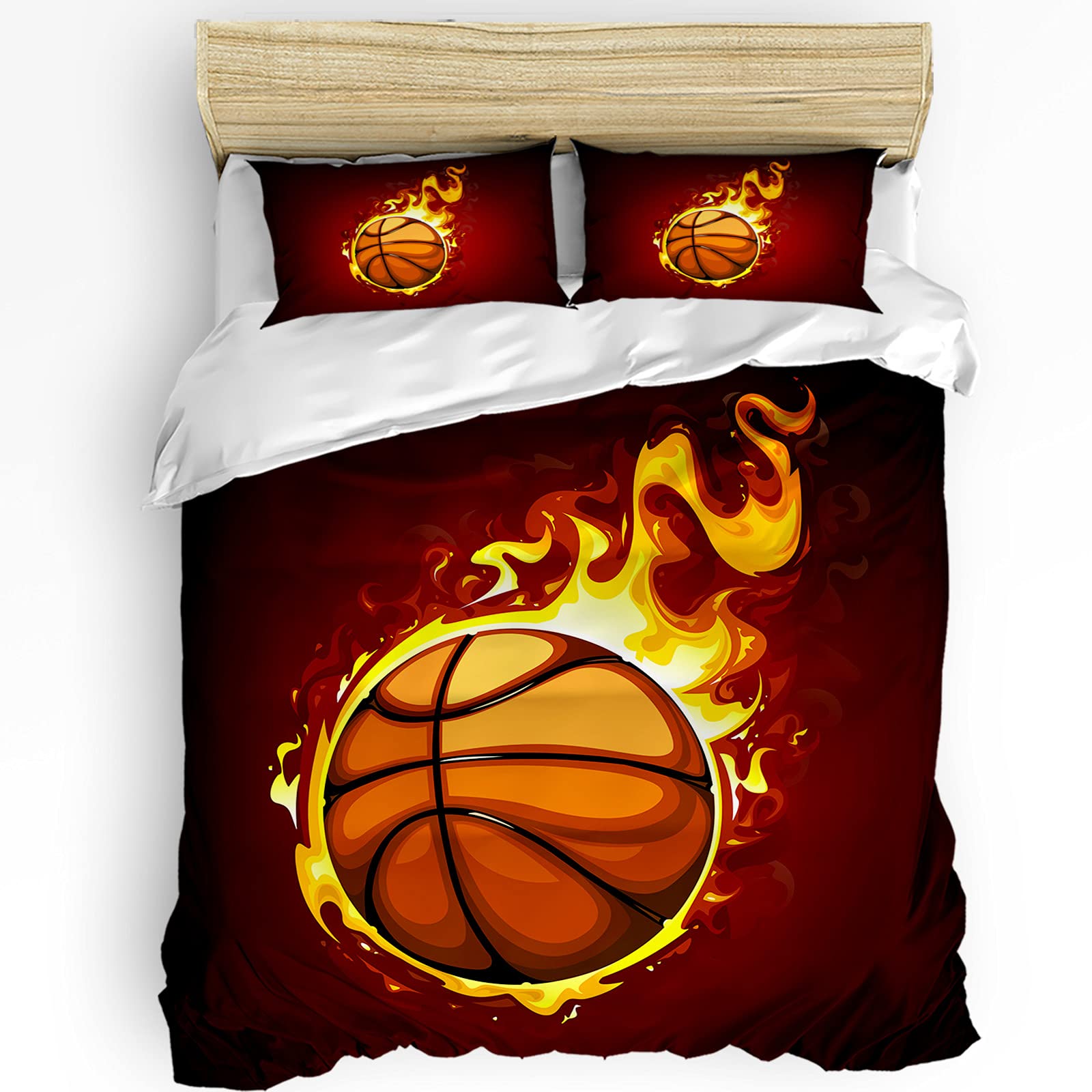 3-Piece Queen Size Red Fire-Flame Basketball Sports Watercolor Luxury Duvet Cover Set with 2 Pillowcases - Soft Breathable Microfiber Bedding for Kids, Teens & Adults - Perfect Gift for Basketball Fans & Sports Lovers - Ideal for Bedrooms, Dorms & Game Rooms
