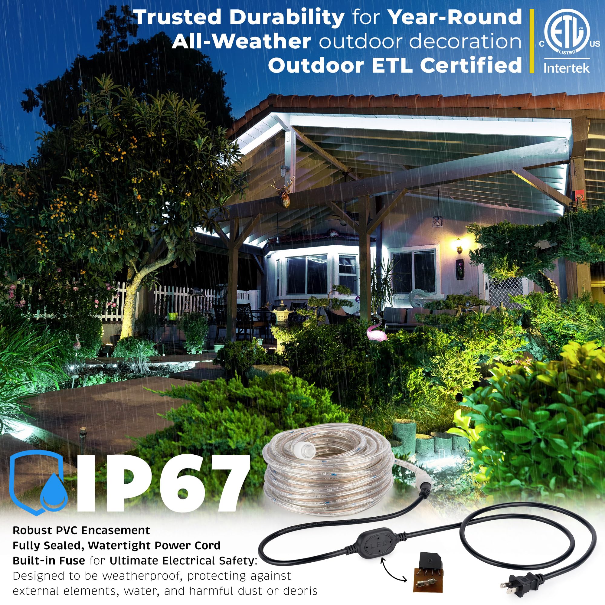 WYZworks 3312LEDs 300ft Outdoor LED Rope Lights - ETL Certified Waterproof, Flexible Connectable Tube for Christmas, Palm Tree & Landscape Lighting (Cool White) | Perfect for Patio, Garden, Pool & Holiday Decor