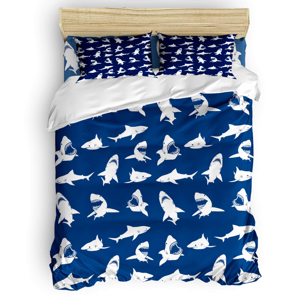 Yogaly 4-Piece Full Size Bedding Set - Great White Shark & Blue Ocean Print - Includes Duvet Cover, Flat Sheet, Pillow Covers - Soft & Comfortable for Adults, Teens, Kids - Perfect for Shark Lovers' Bedroom, Kids Room or Coastal Themed Decor