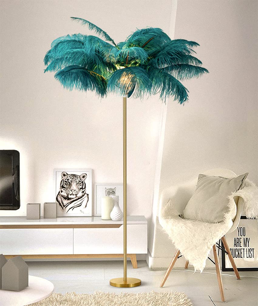 Modern Nordic Feather Floor Lamp with Brass Pipe - Palm Tree Standing Light for Living Room, Bedroom, Restaurant & Hotel Decor (110V-120V, Blue-Green) | Perfect for Cozy Ambiance, Reading Nook & Tropical-Themed Spaces