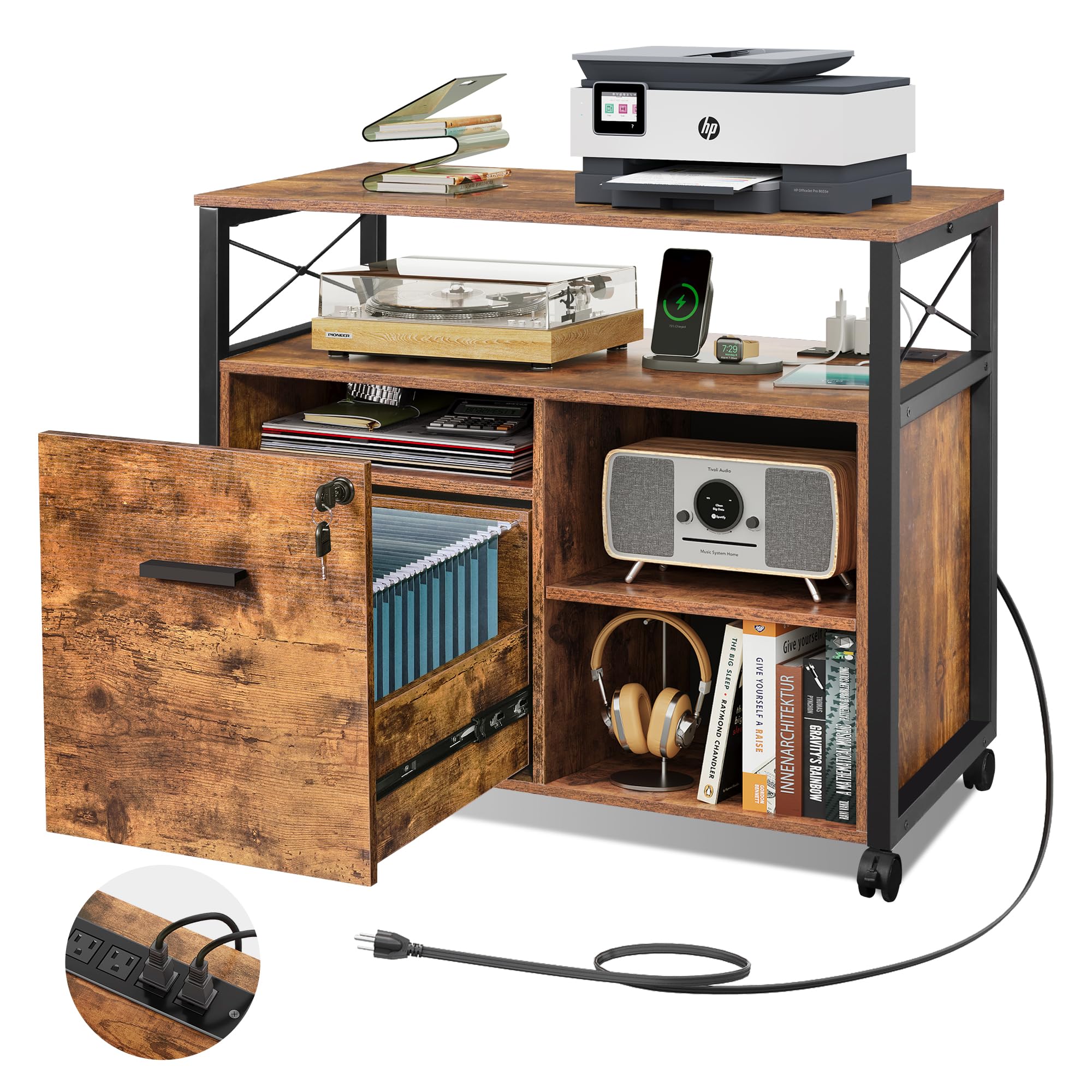 DEVAISE Locking Wood Lateral File Cabinet with Wheels - Rolling Printer Stand with Open Storage Shelf for Home Office, Rustic Brown - Perfect for Organizing Documents & Office Supplies in Small Spaces