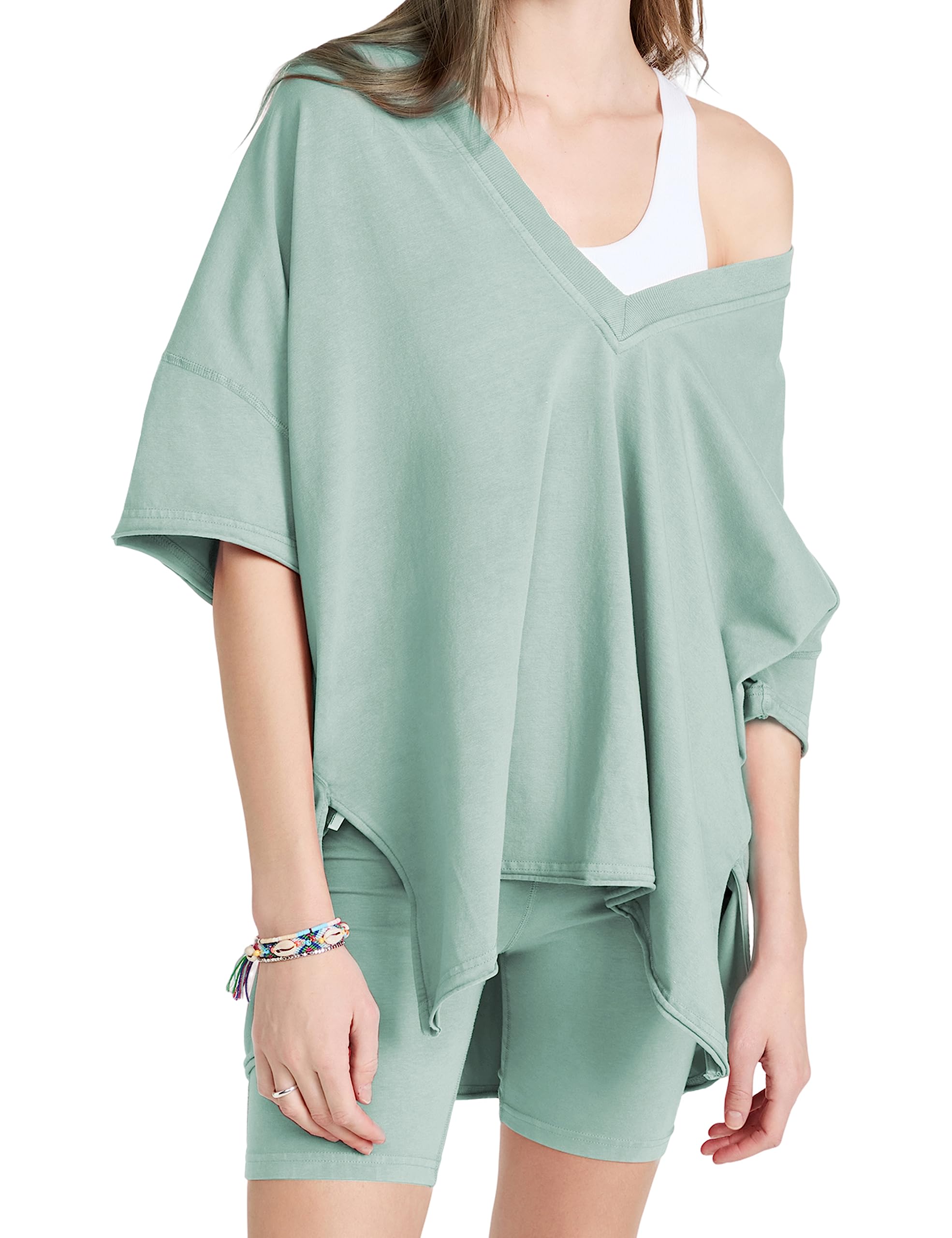 Women's 2-Piece Summer Outfit Set - Oversized V-Neck T-Shirt & Biker Shorts Matching Workout Clothes | Gym, Yoga, Running & Casual Wear