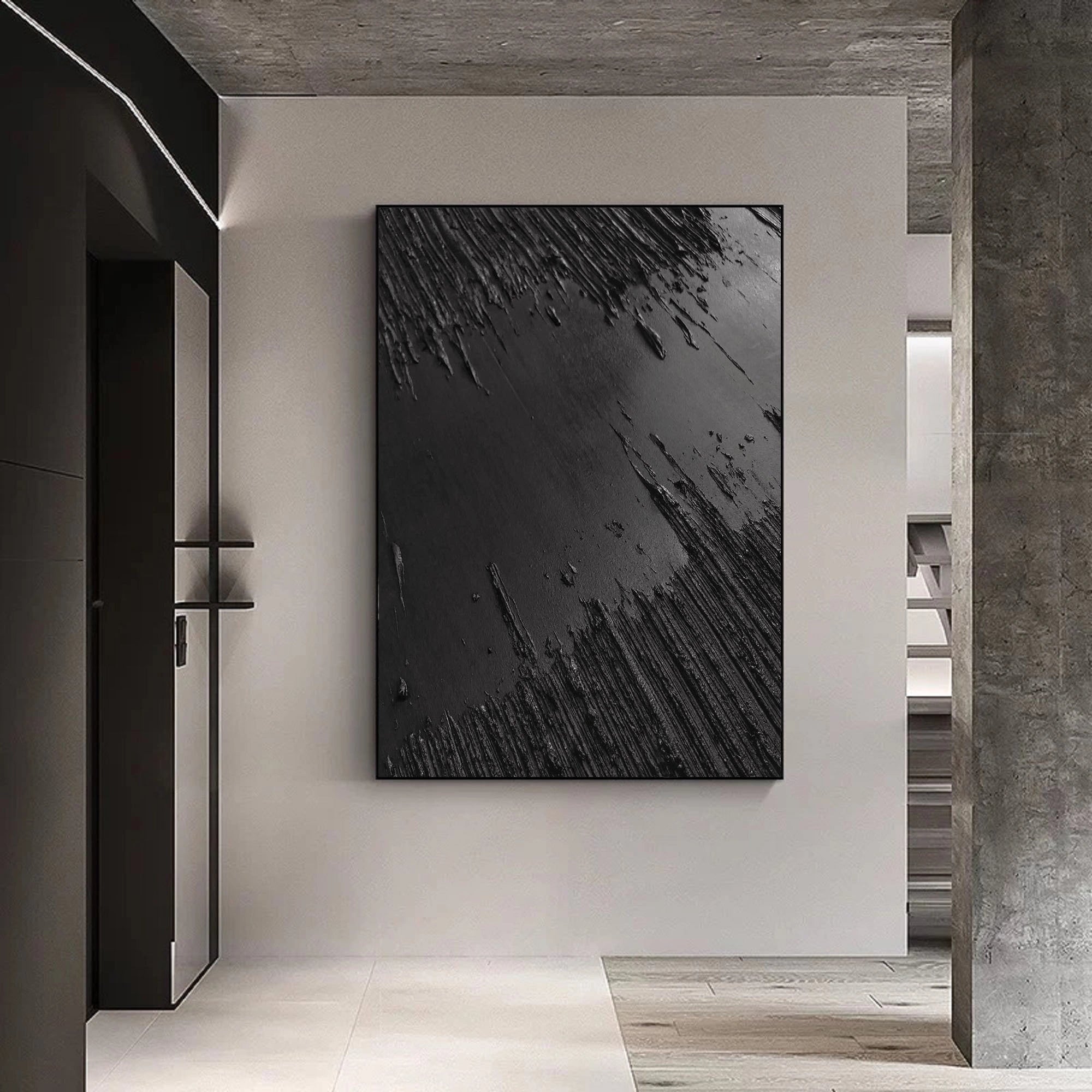 Black Minimalist Textured Painting Canvas #MZ013 - Modern Abstract Wall Art for Living Room, Bedroom & Office Decor