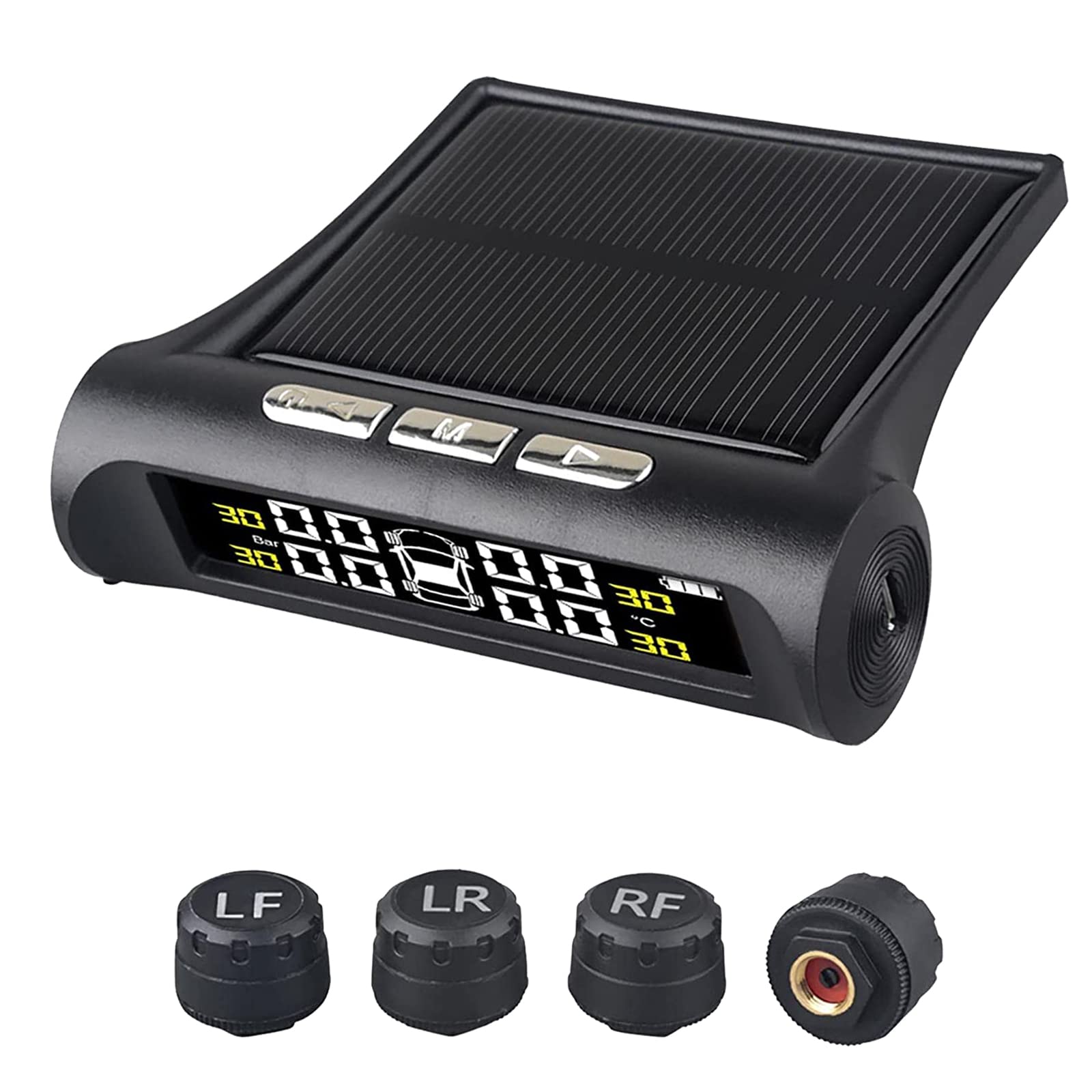 DOLKFU TPMS Tire Pressure Monitoring System - 4 External Sensors, LCD Display, 6 Alarm Modes, Wireless Solar/USB Charger for Cars, Trucks & SUVs - Easy Installation & Real-Time Tire Safety Monitoring