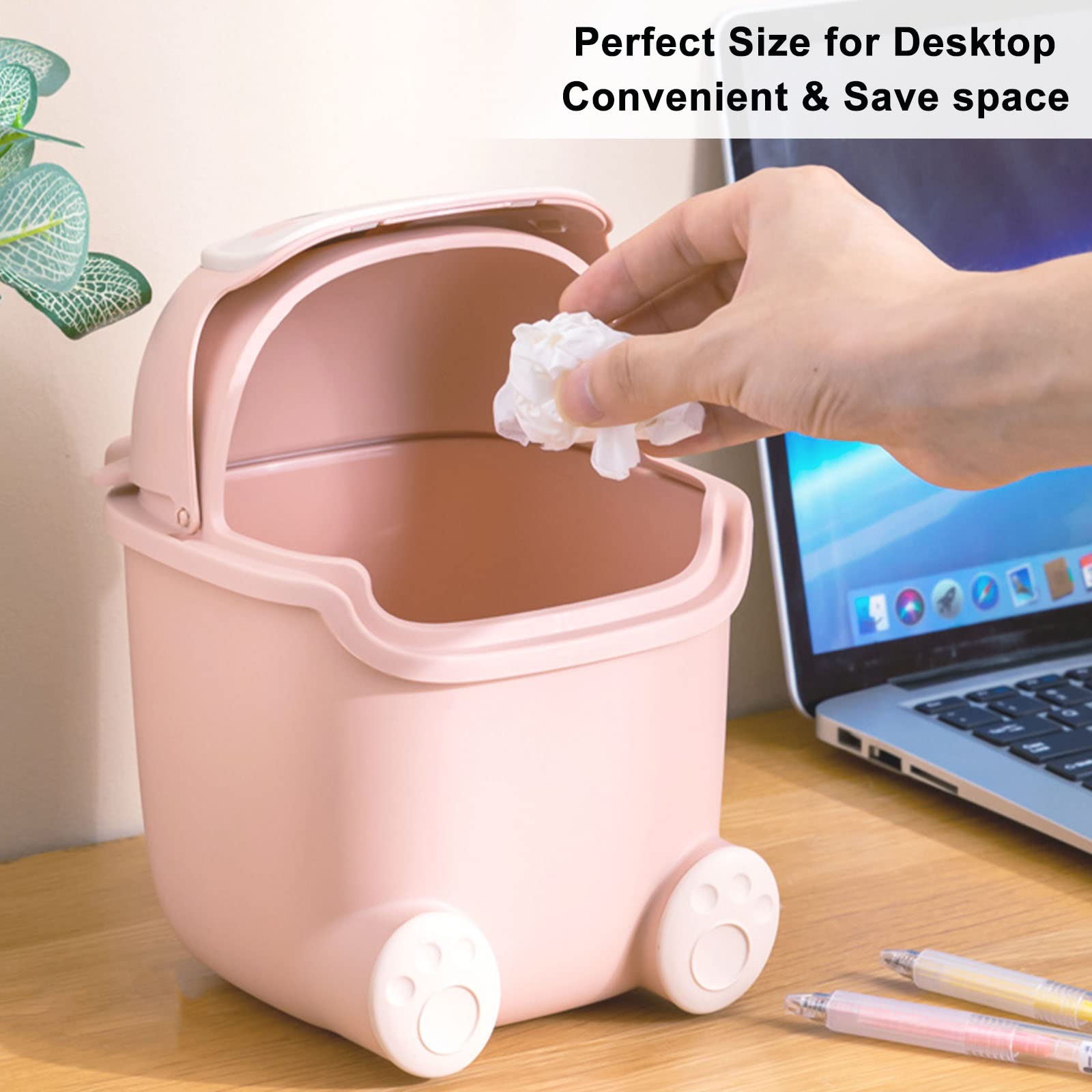 Cute Pink Mini Desktop Trash Can with Flip Lid - Includes 90Pcs Trash Bags, Small Plastic Waste Basket for Bathroom, Kitchen, Office & Dressing Table - Perfect for Home, Office & Workspace Organization