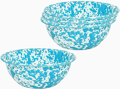 Vintage Enamelware Bowls Set of 4 - Turquoise Marble Design for Cereal, Salad, Soup & Desserts | Rustic Kitchen & Camping Dining Accessories