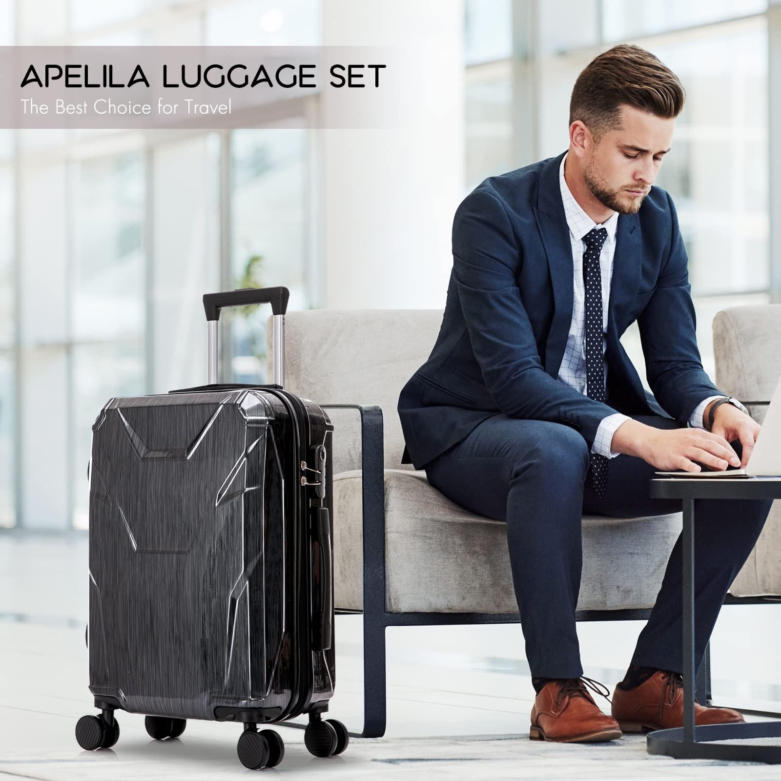 Apelila 4-Piece 18-28 Inch ABS Hardshell Luggage Set with 360° Spinner Wheels - Durable Carry On Suitcase for Travel (Black, 2-Pack) | Perfect for Family Vacations, Business Trips & International Travel