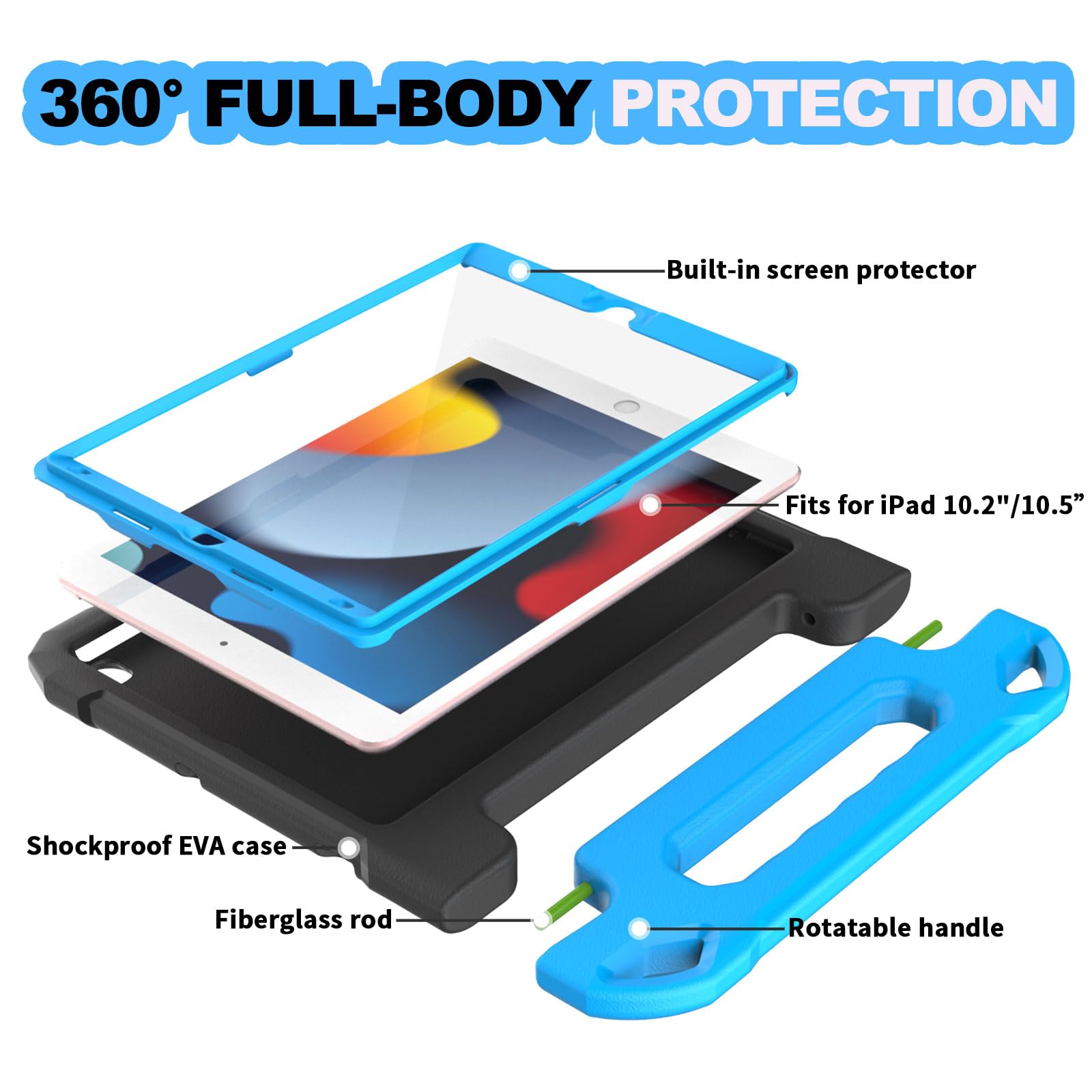 YIHE Shockproof Kids iPad Case for iPad 10.2 Inch 9th/8th/7th Gen (2021/2020/2019), iPad Pro 10.5 & iPad Air 3 - Durable Handle Stand Cover with Screen Protector (Black & Blue) | Perfect for School, Travel & Home Learning