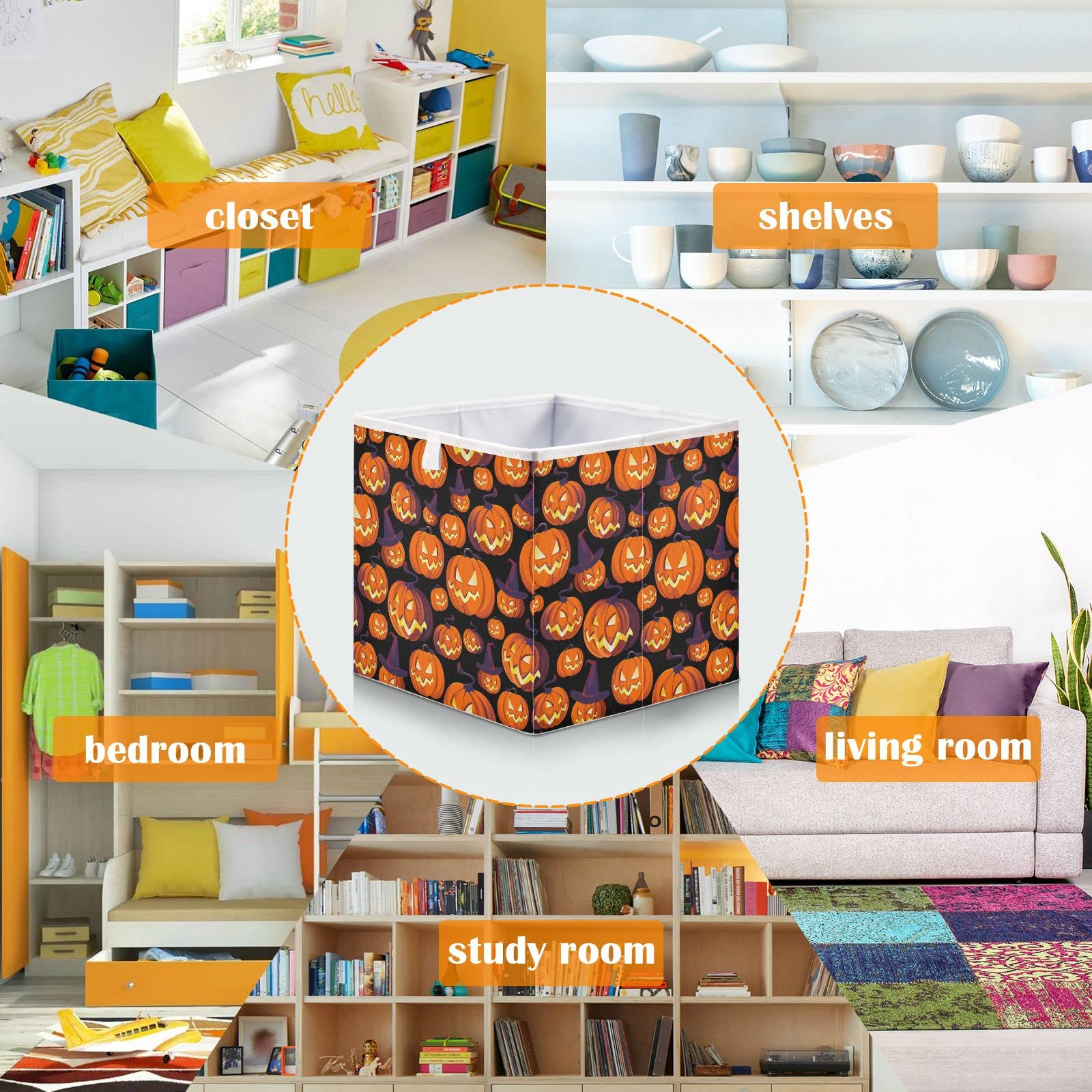 DOMIKING Halloween Pumpkin Storage Bins - Foldable Fabric Organizer Box with Handle for Closet & Bedroom (11 Inch) - Perfect for Seasonal Decor & Home Organization