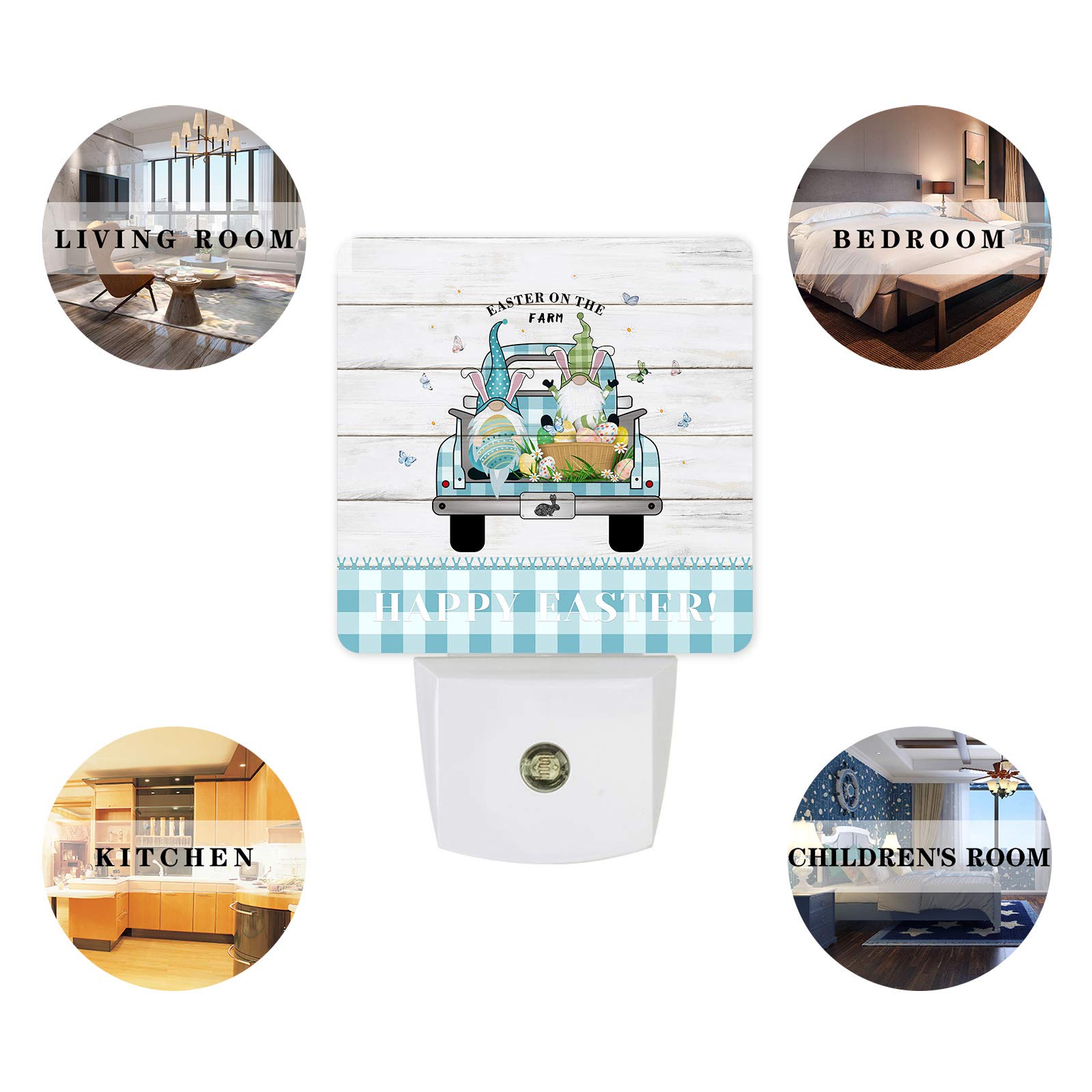 Decorative LED Night Light Plug in with Auto Sensor - Blue Plaid Car, Gnome & Eggs Design - Square Dim Night Lights for Kids, Children & Adults - Perfect for Bedroom, Hallway, Nursery & Bathroom