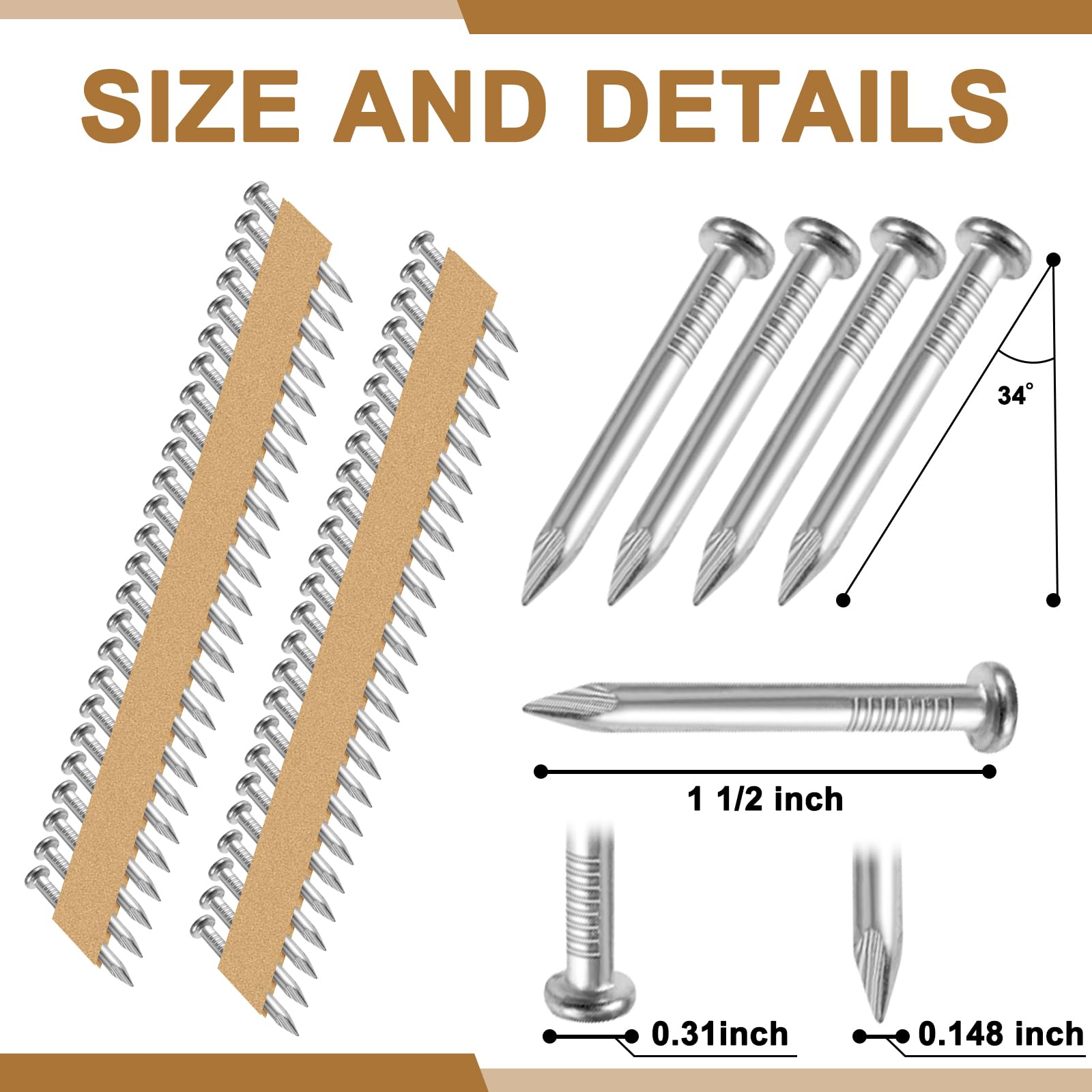 Zonon 3000 Count 1.5 Inch Galvanized Joist Hanger Nails - 34 Degree Paper Tape Collated Full Round Head Smooth Shank for Metal Connector Nailers (0.148 Inch) - Ideal for Framing, Deck Building, and Roofing Projects