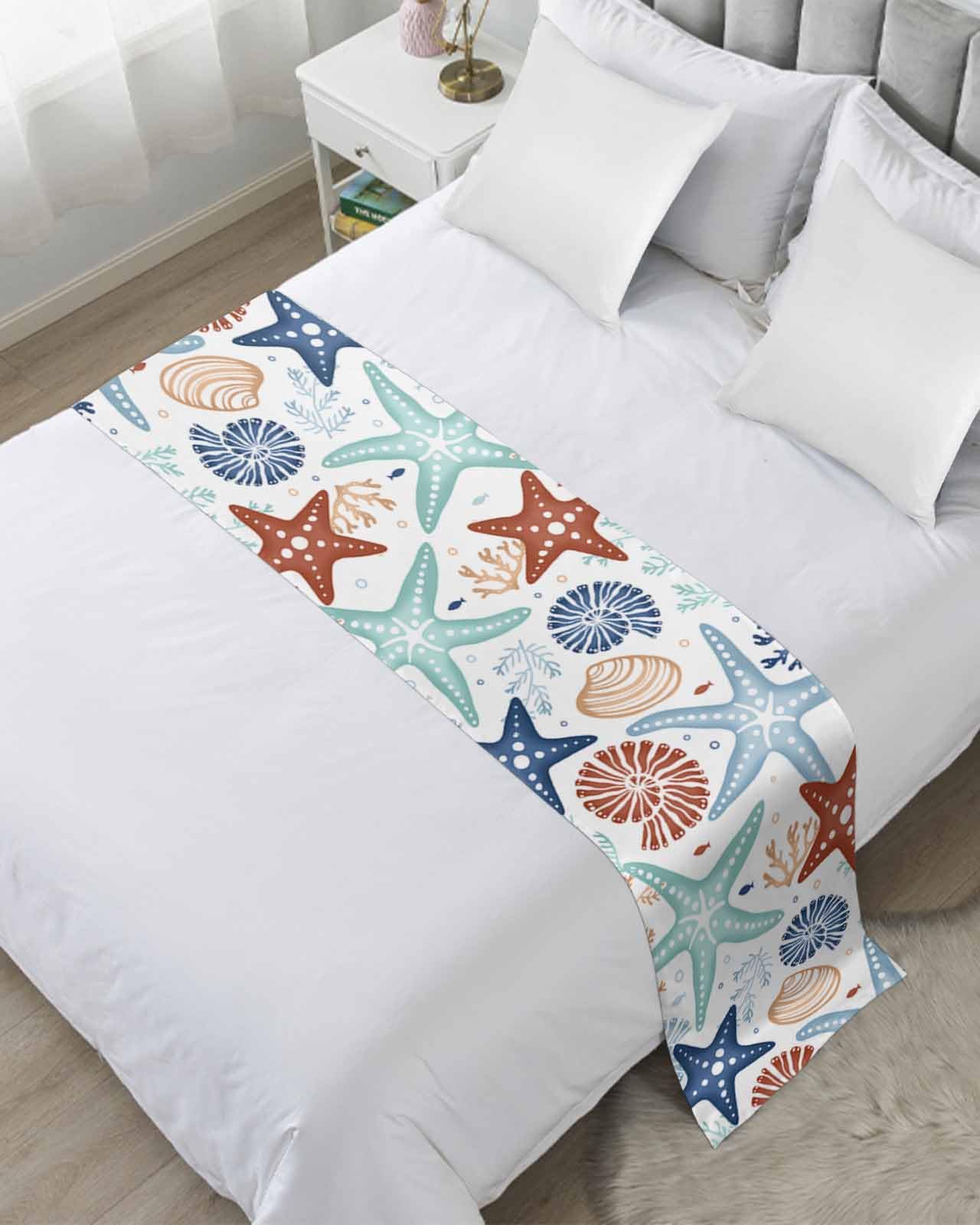 Blue Teal Khaki Coral Bed Runner for Full/Queen Size Bed - Waterproof Bedspread Protector Slipcover, Decorative Bed Scarf for Footboard - 83x20 Inch Coastal Nautical Bedroom Decor for Spring Summer Beach House