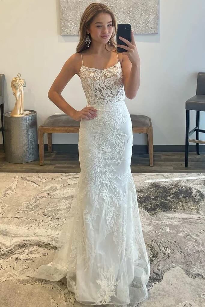 2025 White Lace Prom Dresses - Square Neck Long Backless Mermaid Formal Gown for Homecoming, Wedding, Evening Party & Special Occasions