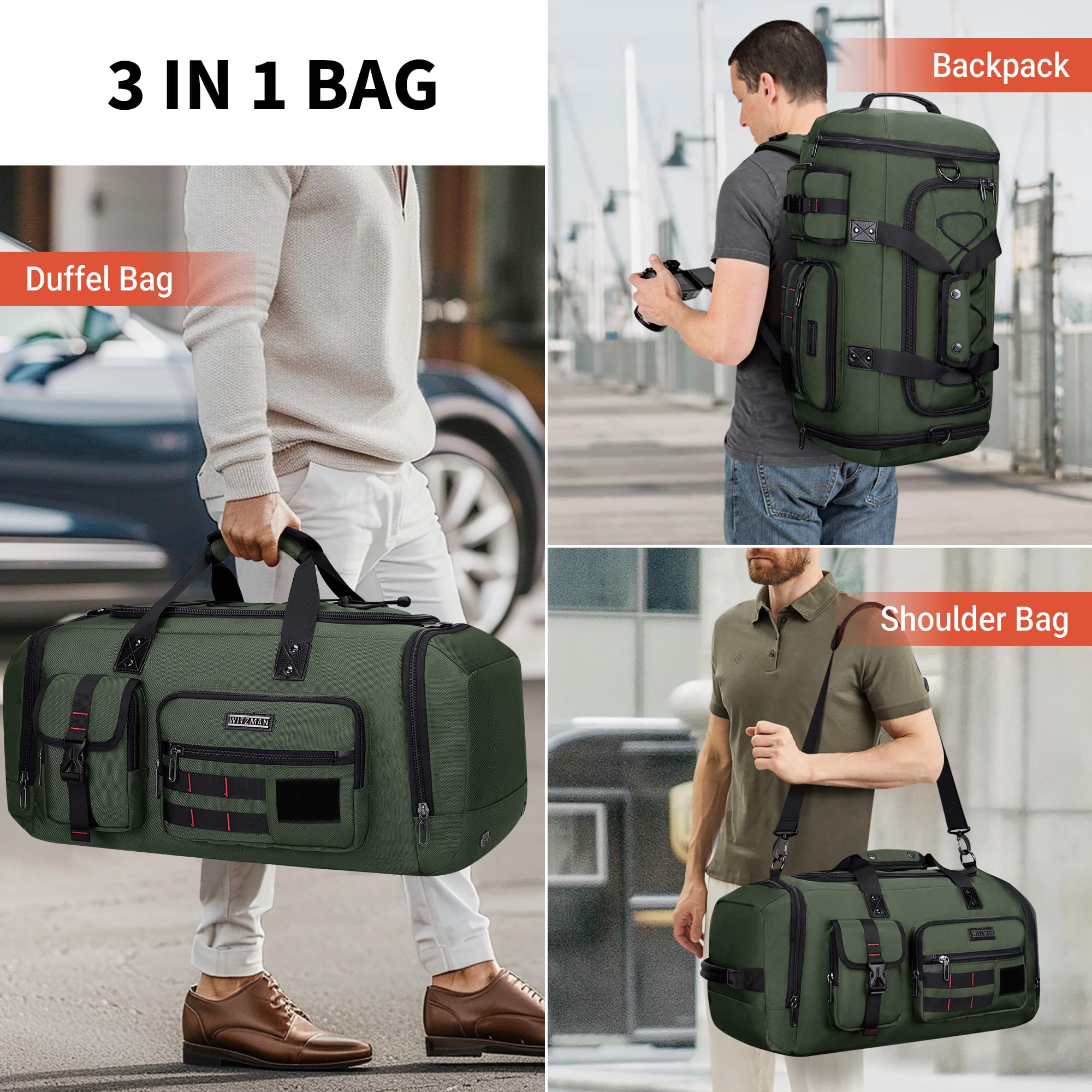 WITZMAN Men's Large Travel Duffel Bag - 3-in-1 Carry On Weekender Overnight Bag with Shoe Compartment (Army Green B693) | Perfect for Gym, Business Trips & Weekend Getaways