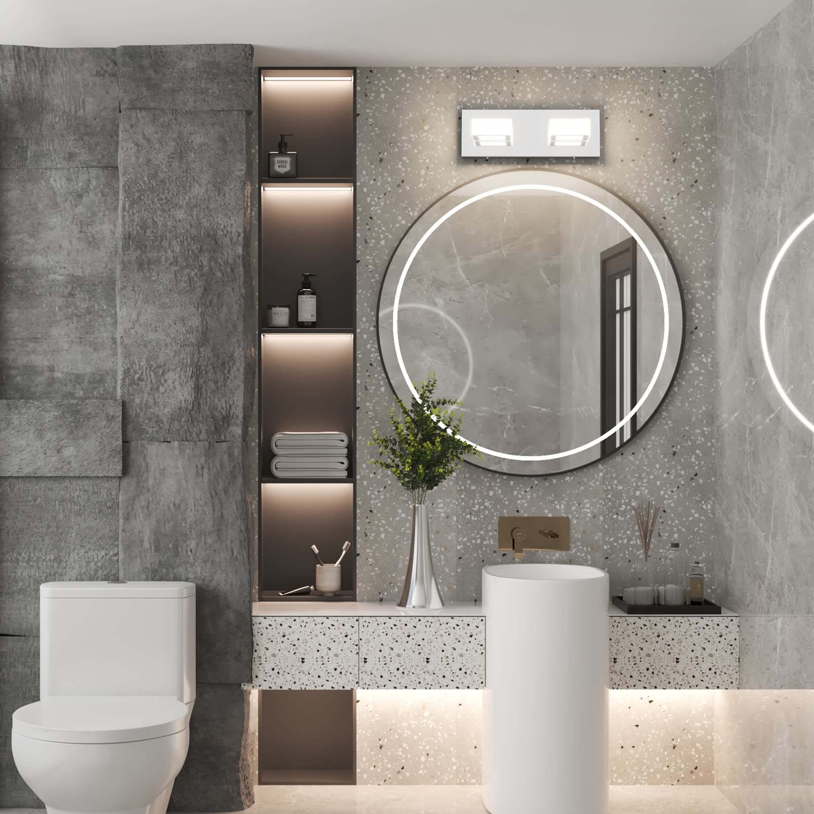 Ralbay Modern Chrome Vanity Light - 2-Light Acrylic Stainless Steel Bathroom Lighting Fixture with LED (4500K Natural White) - Perfect for Bathroom, Powder Room & Dressing Area Vanity Mirror Lighting