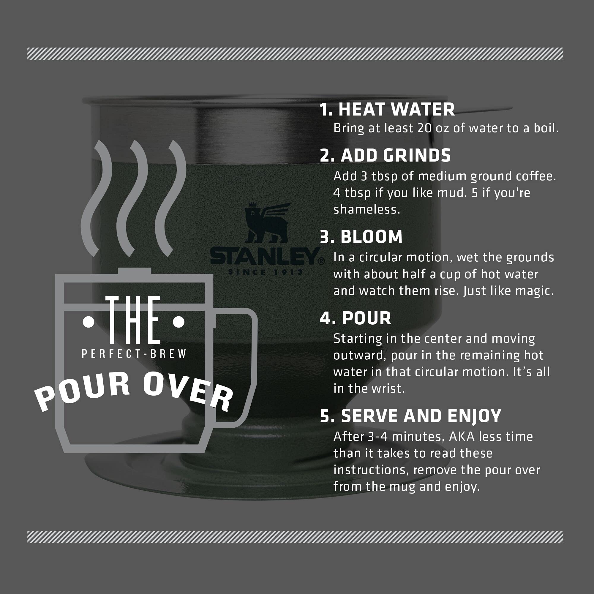 Stanley Perfect Brew Pour Over Coffee Maker - Single Cup Manual Drip Coffee Maker with Reusable Stainless Steel Filter | BPA-Free | Easy to Clean | Hammertone Green | Ideal for Home, Office & Travel Use
