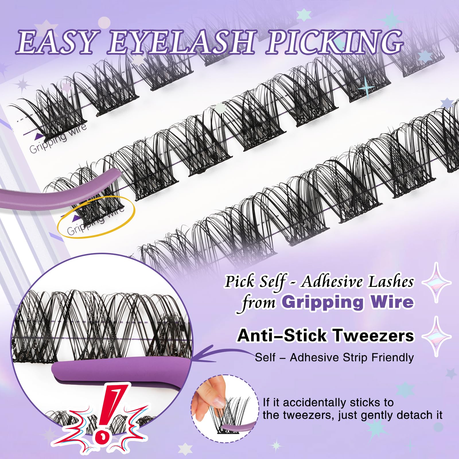 48PCS Self Adhesive Eyelashes - Pre-Glued Cluster Lashes D Curl No Glue Needed, 10-16mm with Lash Tweezers for Easy 1 Step DIY Application | Perfect for Daily Wear, Parties & Special Occasions (SA02-D)