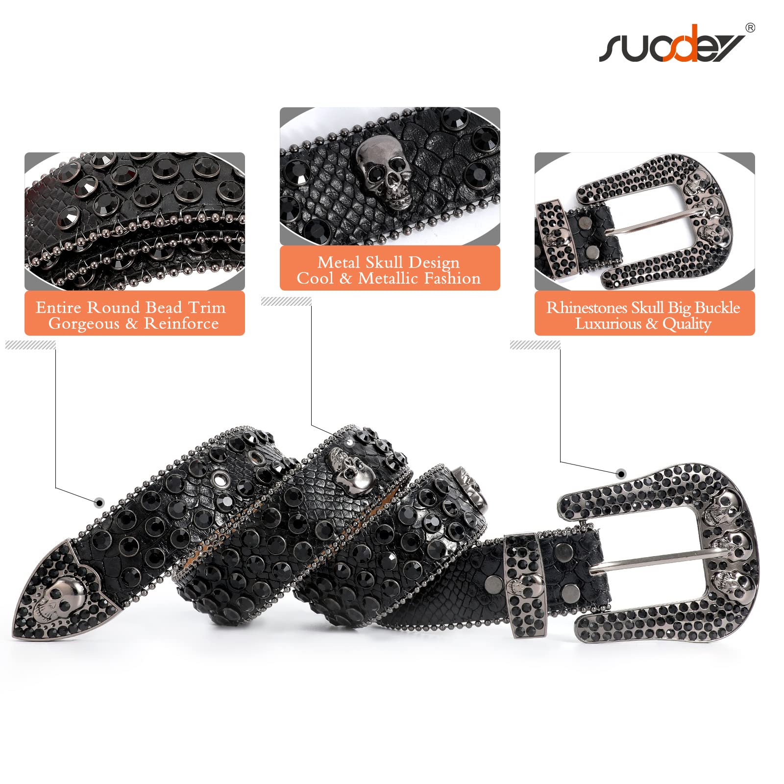 SUOSDEY Rhinestone Skull Belt for Men & Women - Punk Fashion Studded Leather Belt with Bling for Jeans, Pants & Jackets | Perfect for Gothic, Rocker & Edgy Outfits