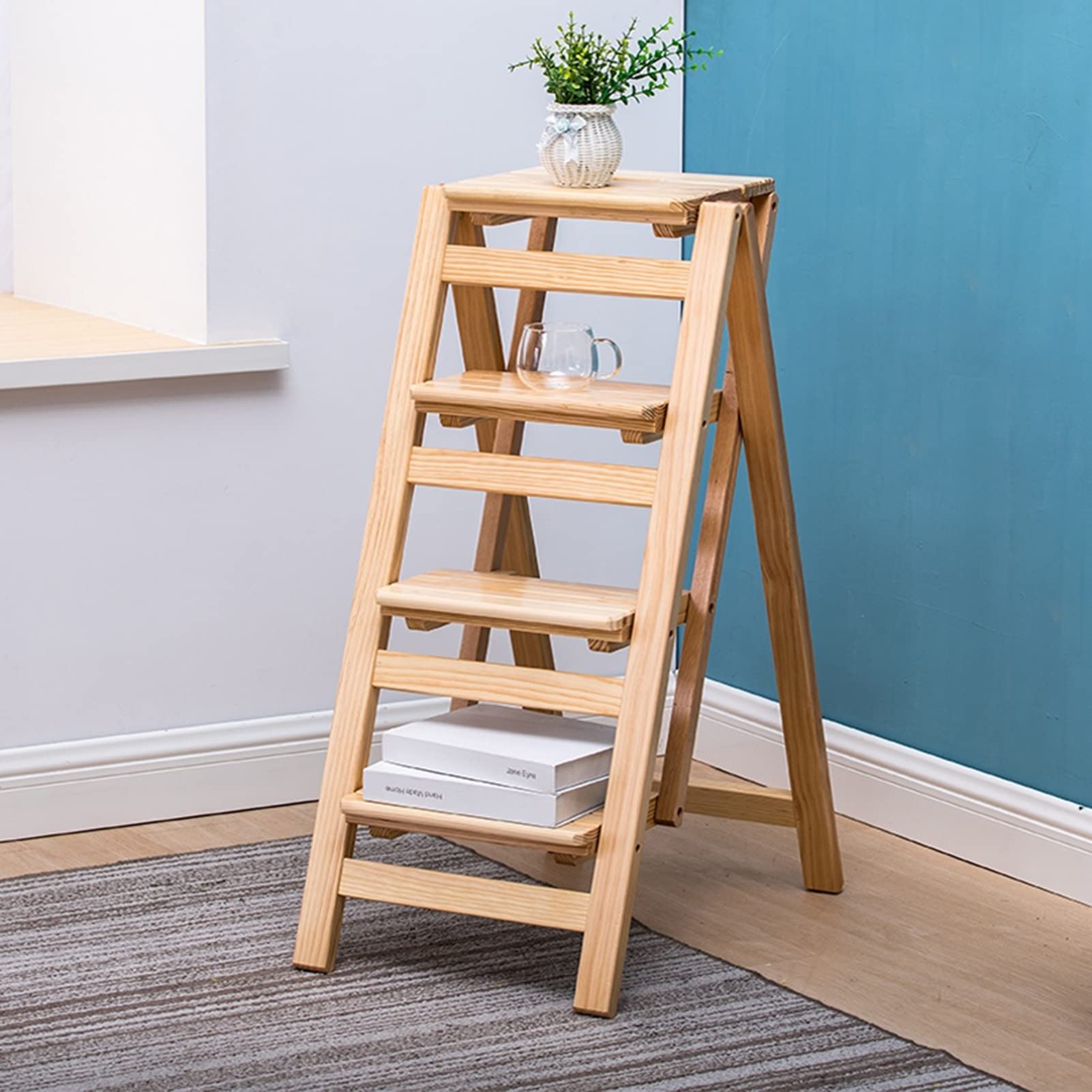 XHALERY Foldable Wooden Step Stool Ladder - 4 Step Safety Anti-Slip Library Stool with Multifunctional Use for Home, Kitchen, Bathroom & Storage Organization