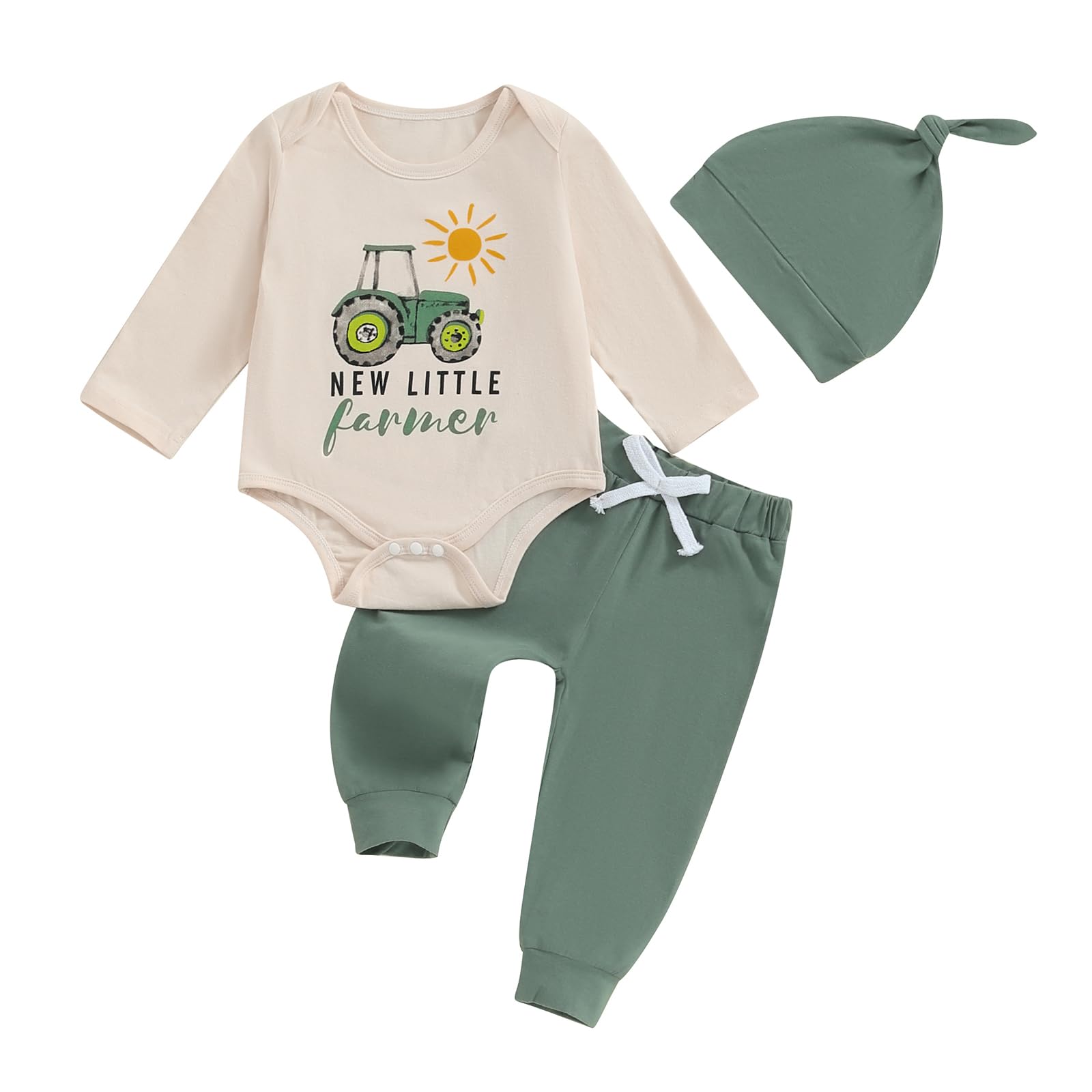 YOKJZJD 3-Piece Newborn Baby Boy Outfit Set - Farm Theme Long Sleeve Romper with Pants & Hat | Perfect Coming Home & Fall Photoshoot Outfit | Adorable Farmer Look for Infants