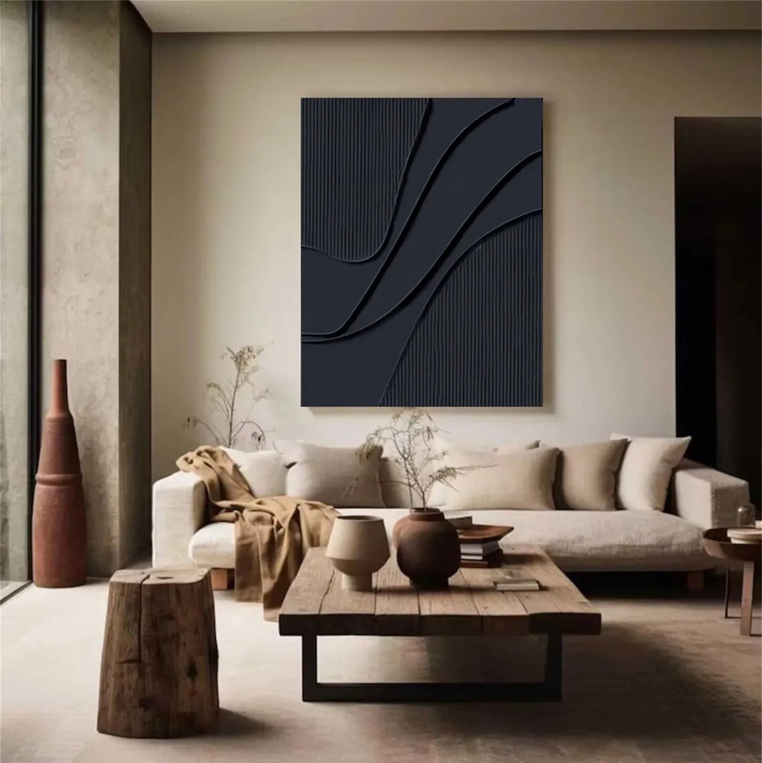 Black Minimalist Textured Painting Canvas - Modern Abstract Wall Art for Home & Office Decor | Premium Quality Stretched Canvas #MZ092