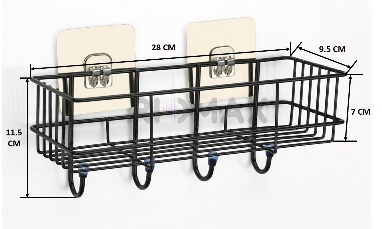 RIOMAX Wall Mounted Self-Adhesive Bathroom Shelf with Hooks - Space Saving Towel Holder & Organizer Rack for Bathroom, Kitchen, Laundry Room - Durable Powder Coated Black Metal (1 Pack) - Perfect for Small Spaces & Clutter-Free Organization