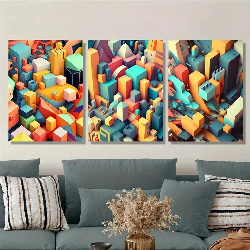 3-Piece City Top View Abstract Mosaic Art Metal Print - Ready to Hang Wall Decor for Living Room, Office & Bedroom
