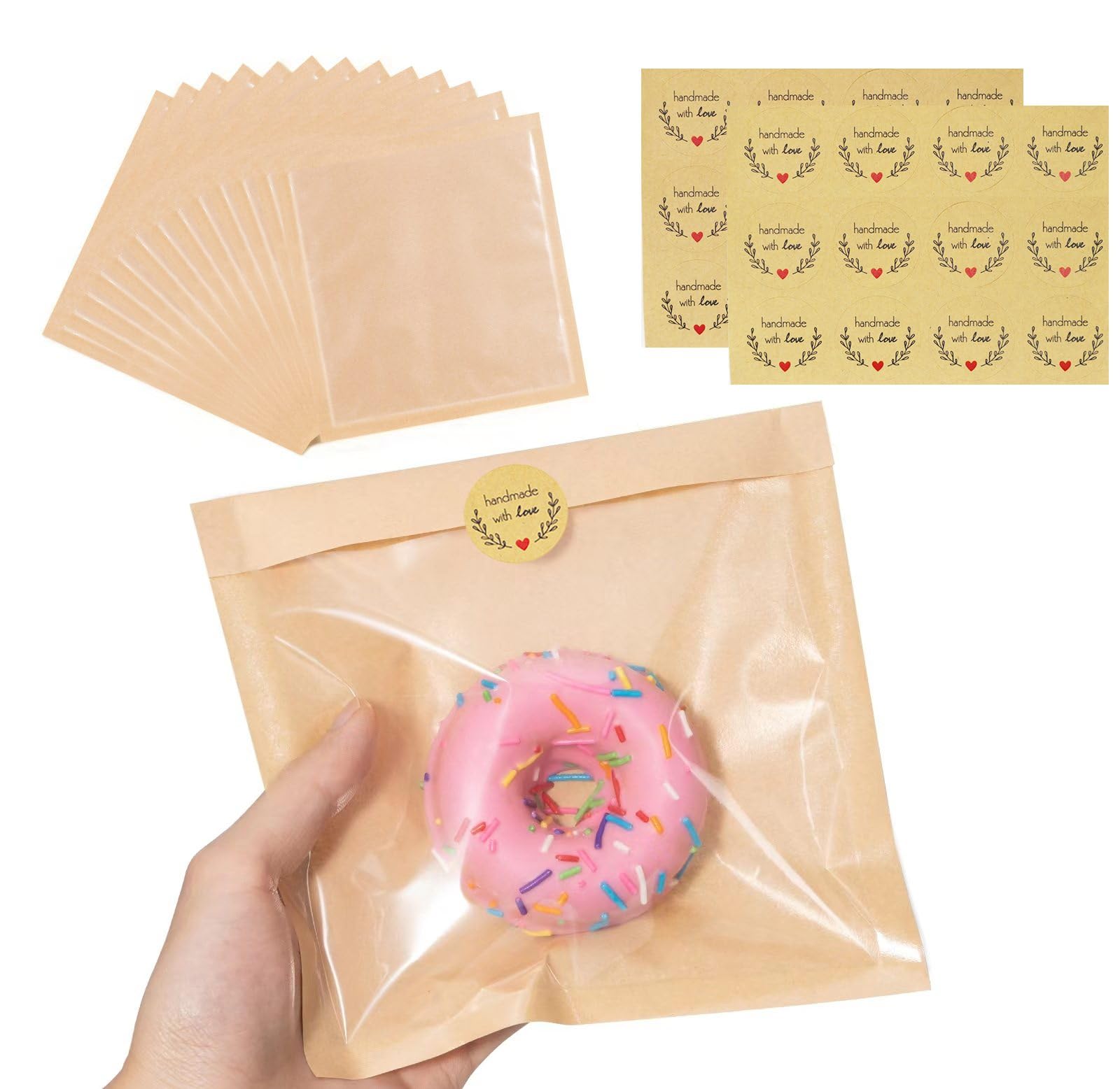 100 Pack 7.1x7.5 Inch Bakery Bags with Window - Grease Resistant & Heat-Sealable Kraft Paper Food Bags for Cookies, Donuts, Sandwiches | Perfect for Bakeries, Cafes & Home Baking