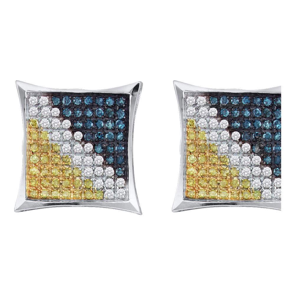 Sterling Silver Men's Yellow & Blue Enhanced Diamond Square Cluster Earrings - 1/6 Cttw | Luxury Gift for Him, Anniversary, Wedding & Special Occasions