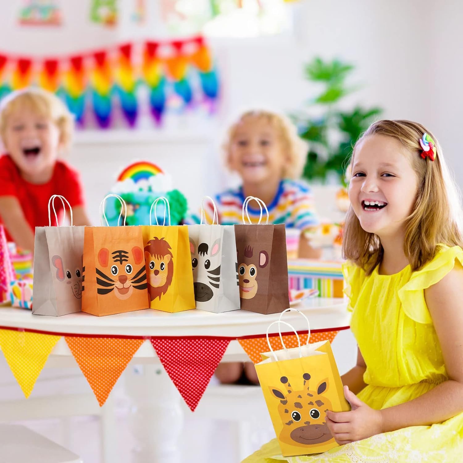 12 Pack Jungle Animal Themed Kraft Paper Treat Bags with Handles - Safari Baby Shower & Kids Birthday Party Favors - Perfect for Candy, Goodie Gifts & Party Decorations