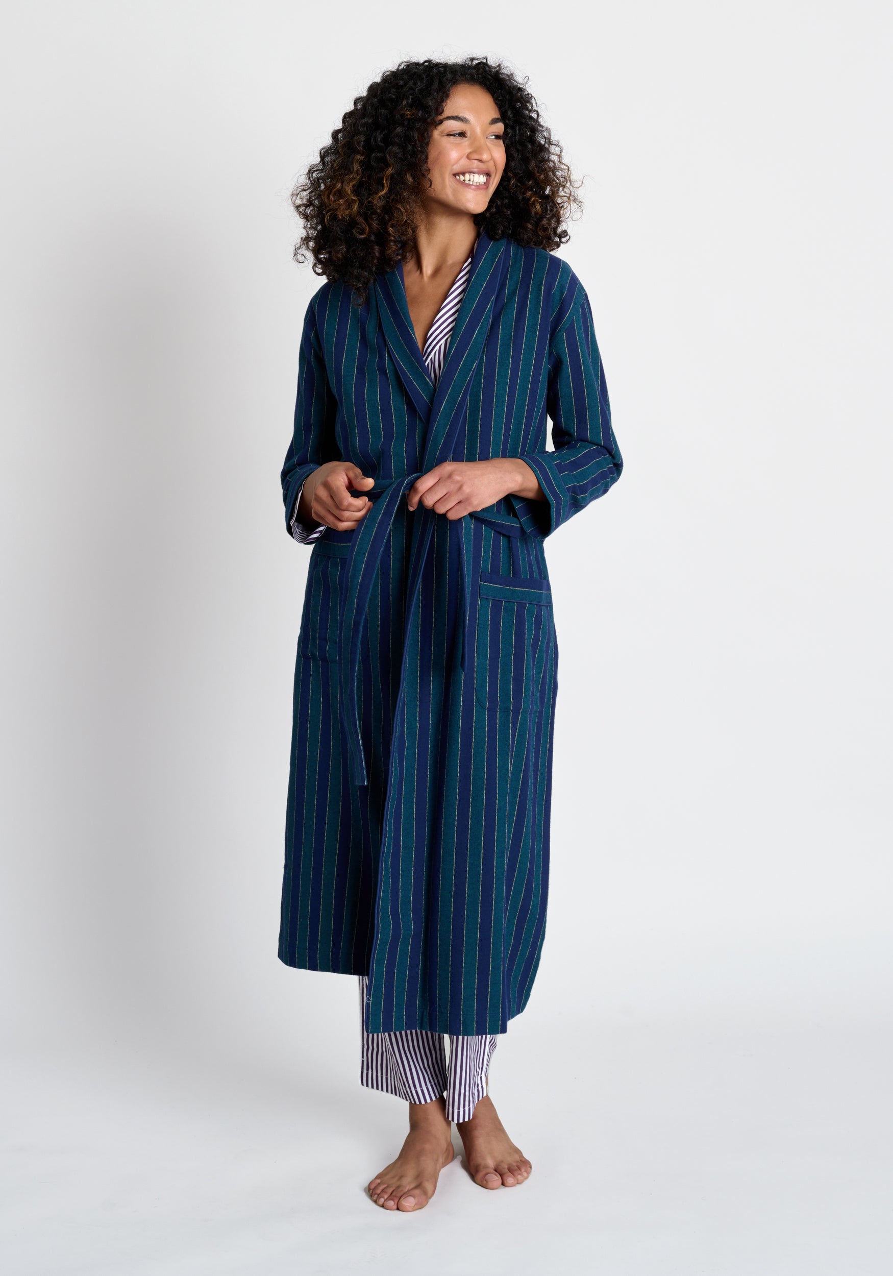 Marianne Long Robe - Soft Flannel Striped Bathrobe for Women in Green, Navy & Gold | Cozy Loungewear for Spa, Relaxation & Winter Comfort