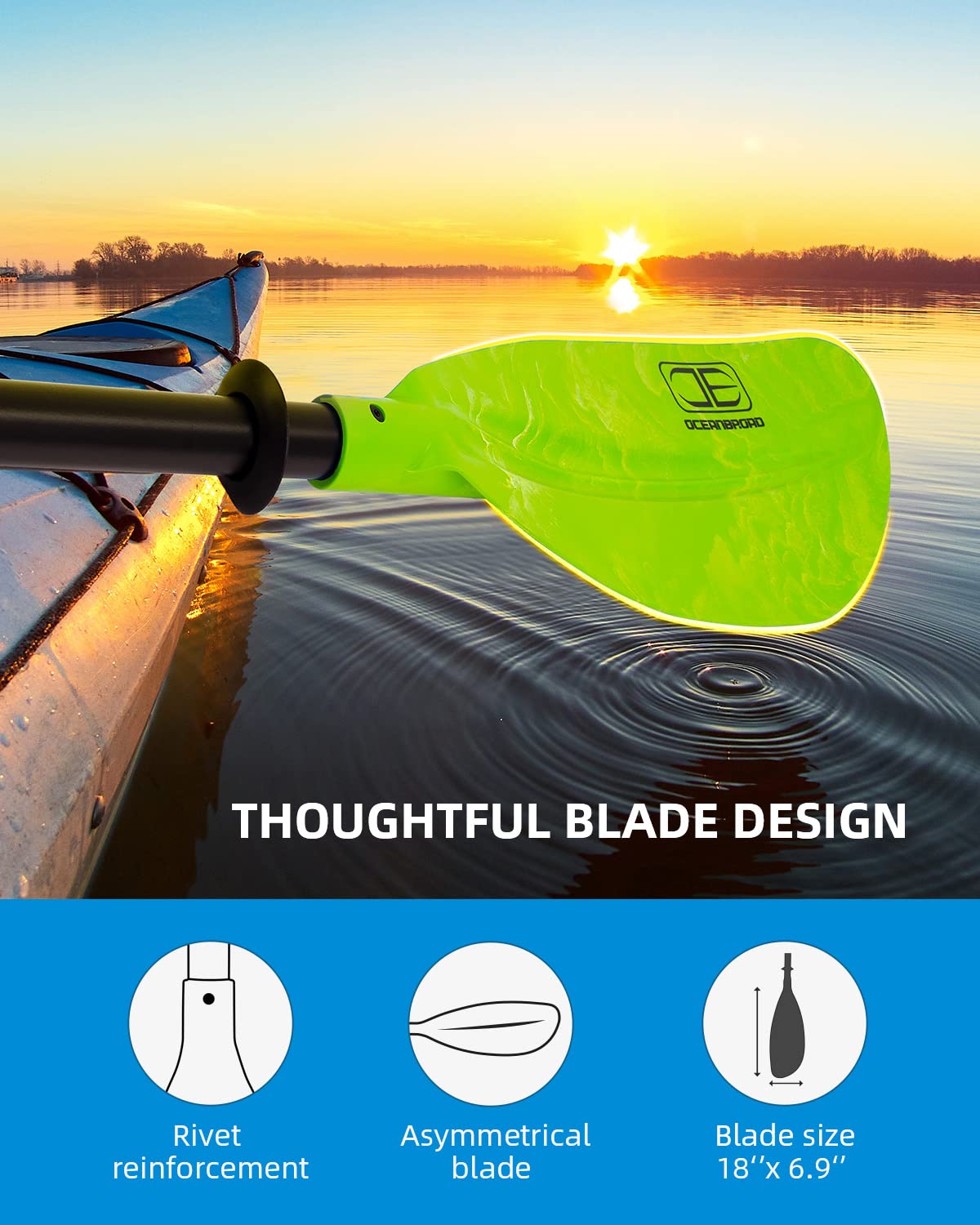 OCEANBROAD Adjustable Kayak Paddle 86-94 inches (220-240cm) - Lightweight Aluminum Shaft with Ergonomic Grip & Paddle Leash - Perfect for Kayaking, Canoeing & Boating - Great for Lakes, Rivers & Ocean Adventures