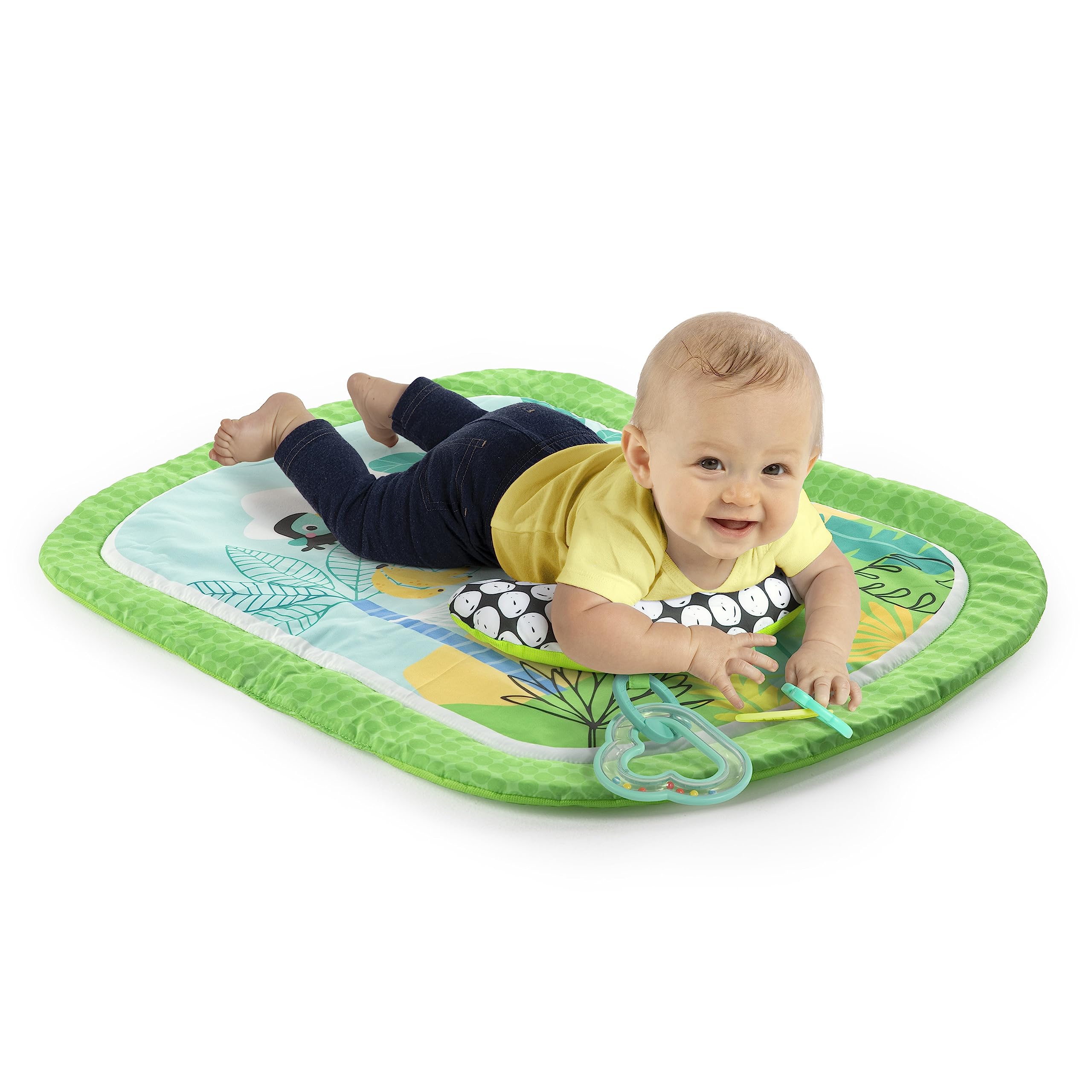 Bright Starts Easy Breezy Baby Tummy Time Activity Mat with 2 Detachable Toys | Compact & Machine Washable Playmat for Newborns & Infants | Perfect for Floor Play, Sensory Development & Early Learning