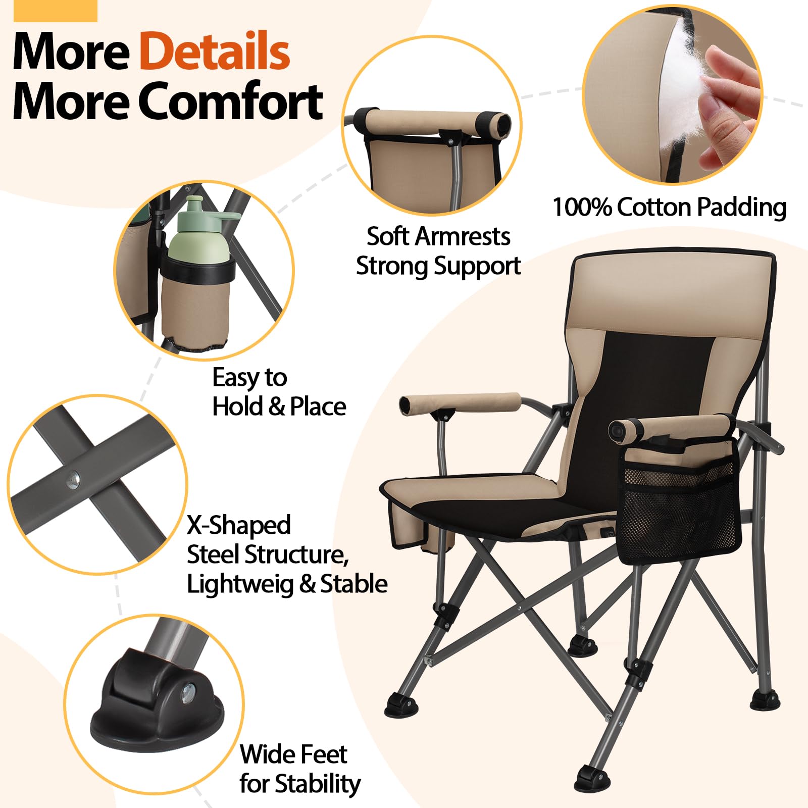 QUYUAN Heated Camping Chair with 20,000mAh Battery - Padded Outdoor Folding Chair, 500-Minute Heating & 500lb Capacity - Perfect for Camping, Hiking, Beach, Picnics & Winter Sports