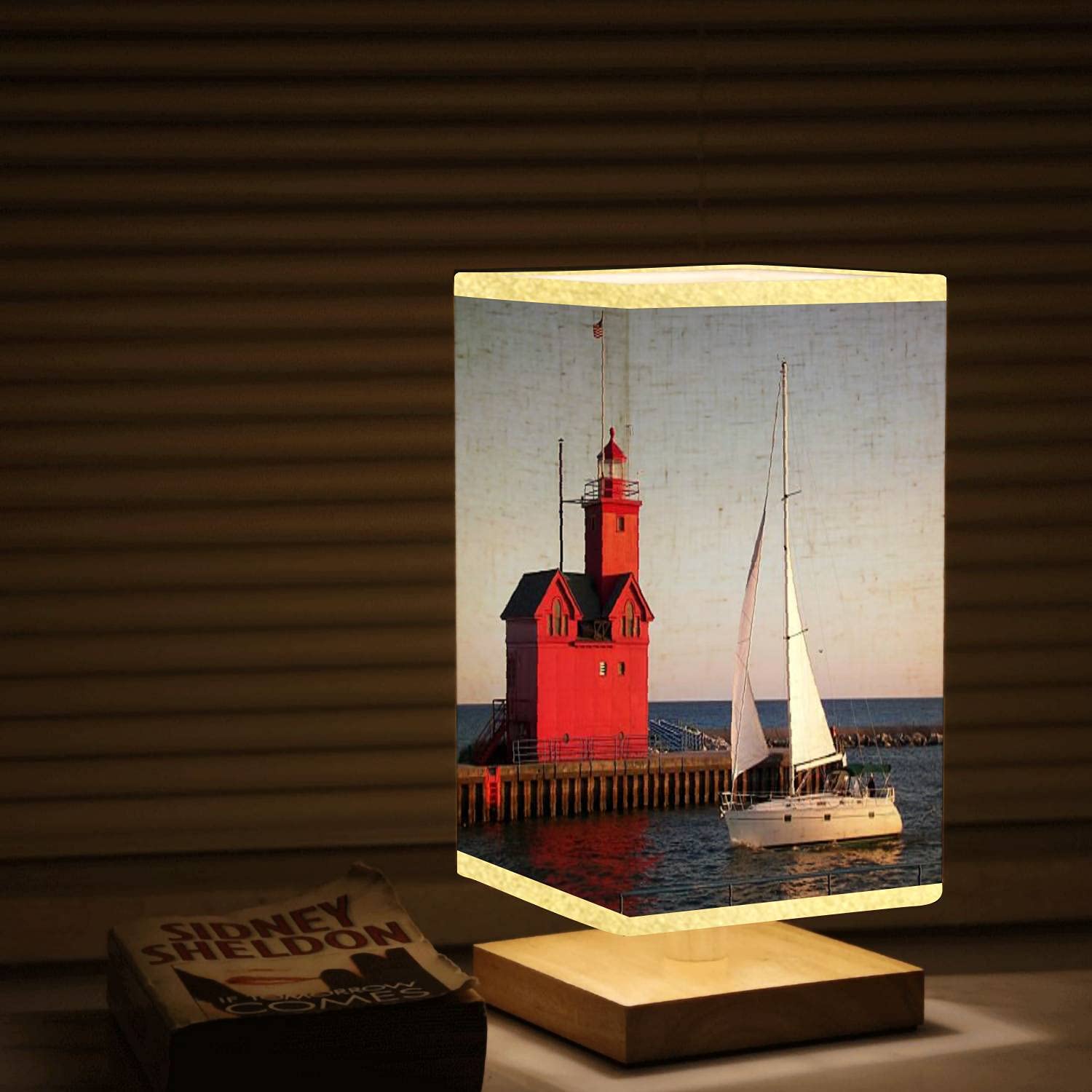 Red Lighthouse & Sailboat Wooden Base Table Lamp with Flaxen Fabric Shade - Dimmable Nightstand Lamp for Bedroom, Living Room, Office | Perfect for Coastal Decor, Reading Nook & Bedside Lighting