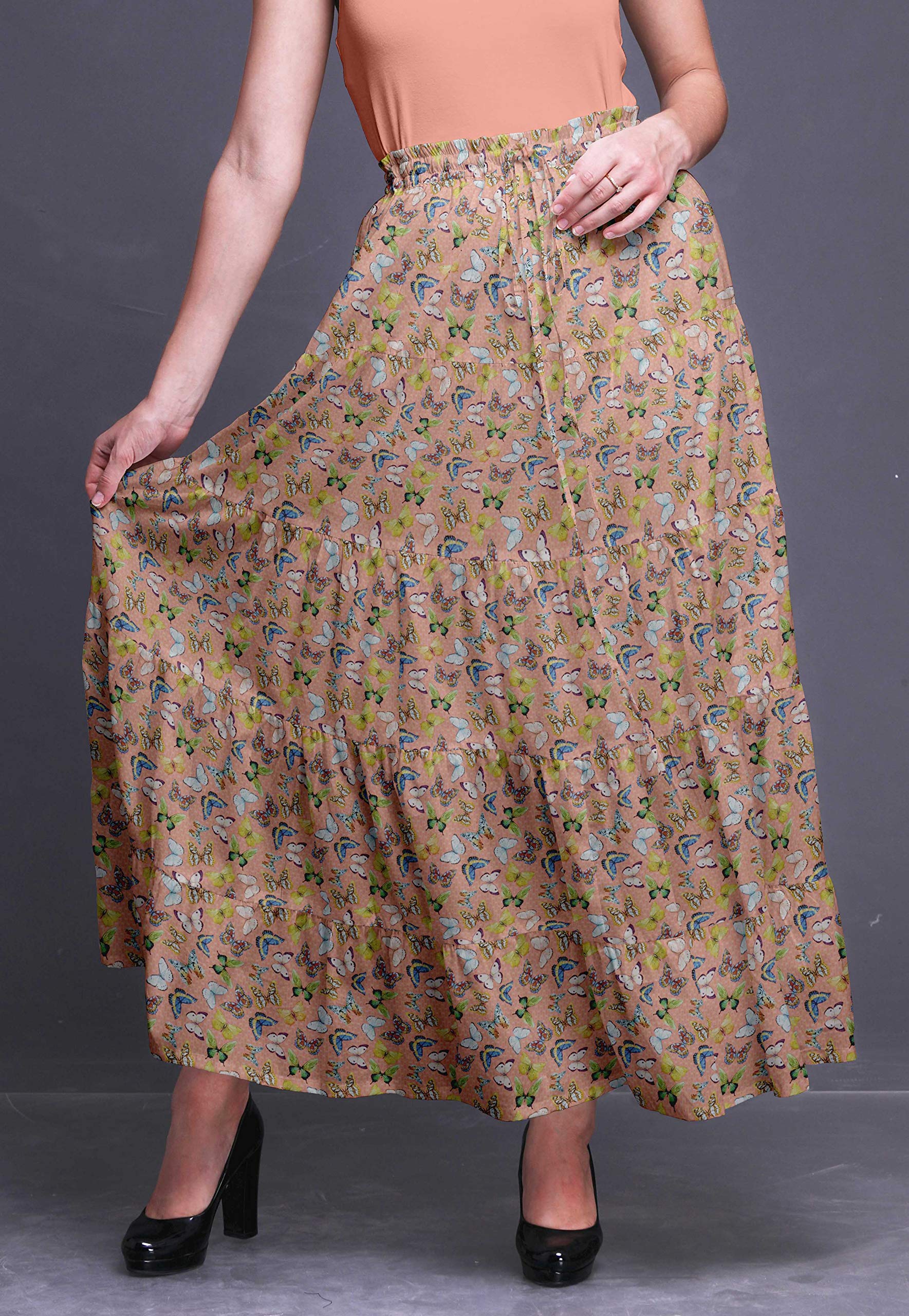 Bimba Women's Printed Long 5-Tier Cotton Skirt - Boho Maxi Skirt for Women, Summer Beach Dress, Casual Outfit, Festival Fashion, Vacation Wear