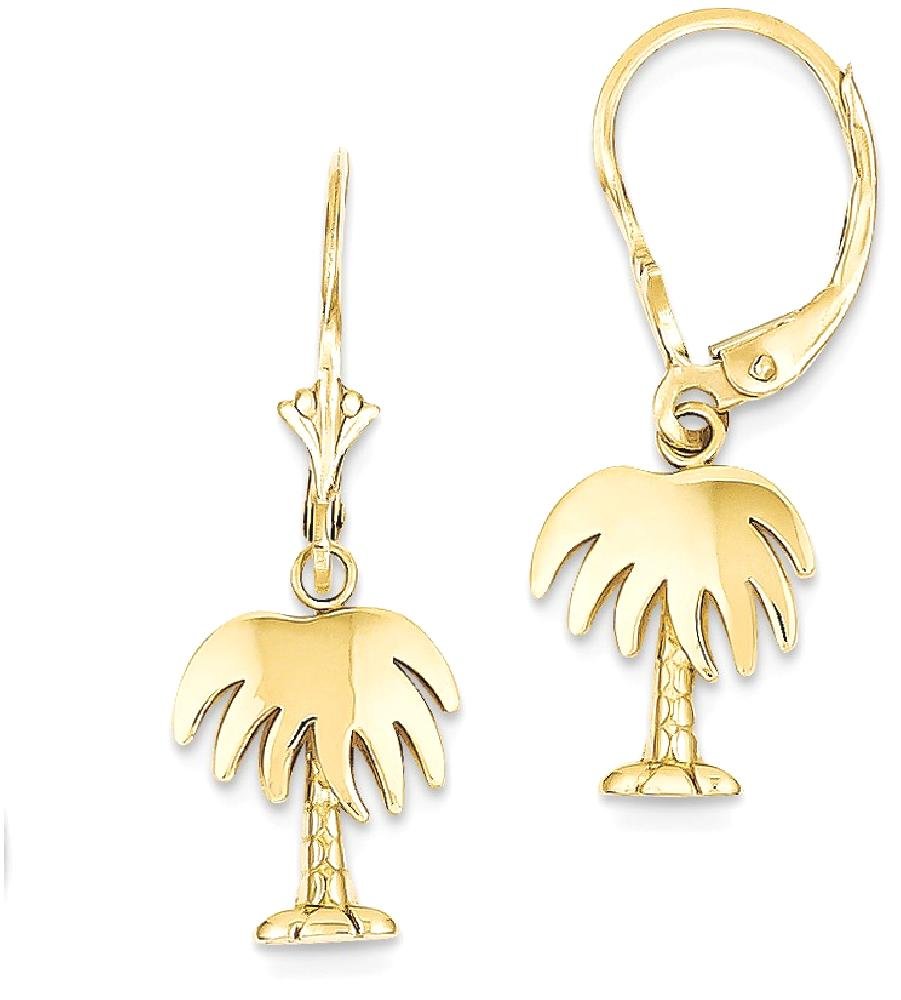 14K Solid Yellow Gold Palm Tree Drop Dangle Earrings for Women - Tropical Summer Beach Jewelry Gift for Vacation, Party & Boho Fashion Accessories