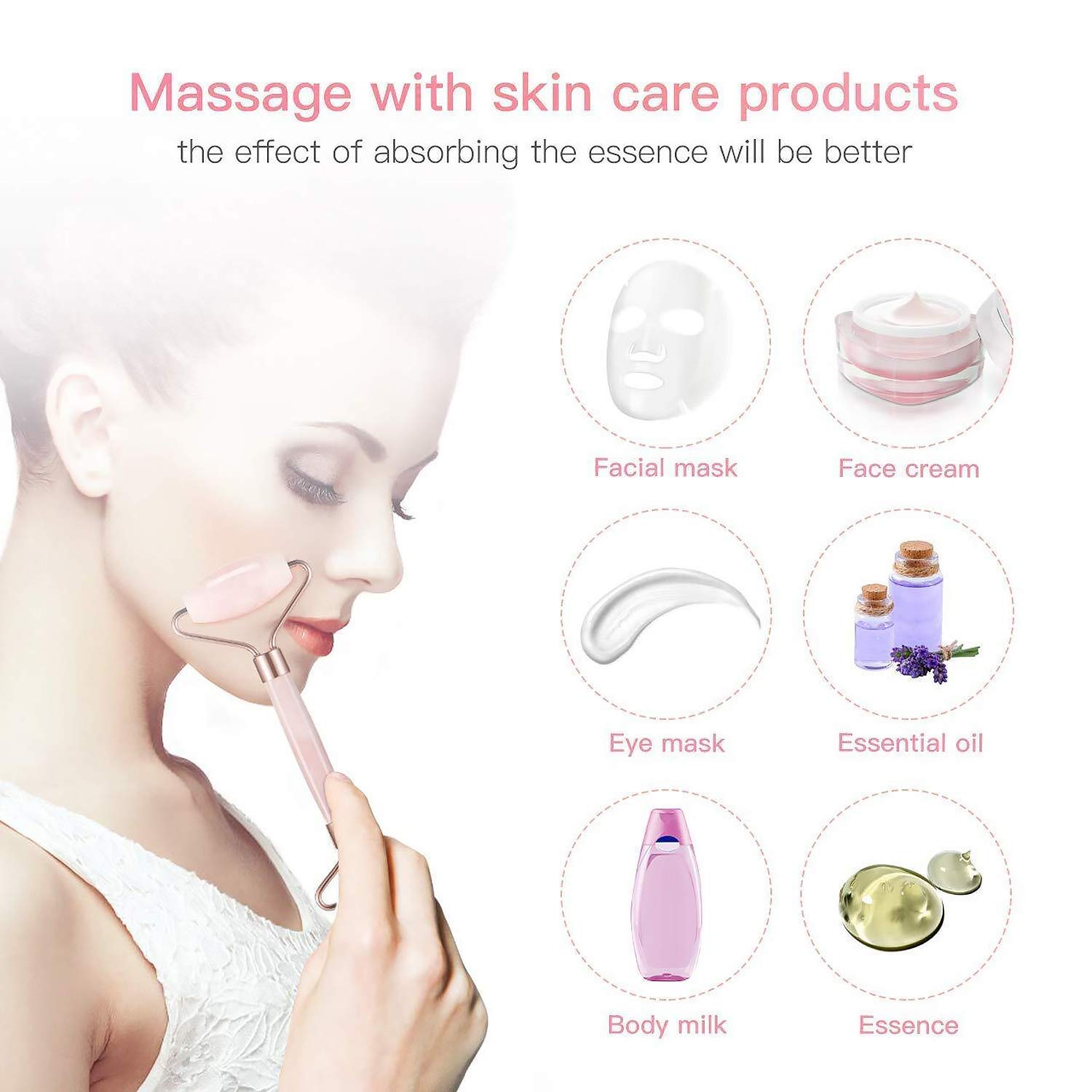 Premium RUGDOLL Aikon Jade & Quartz Face Roller - Natural Facial Massager for Skin Care, Anti-Aging & Microcirculation | Handcrafted Pink Stone Roller for Glowing Skin | Perfect for Morning Routine & Nighttime Skincare Regimen