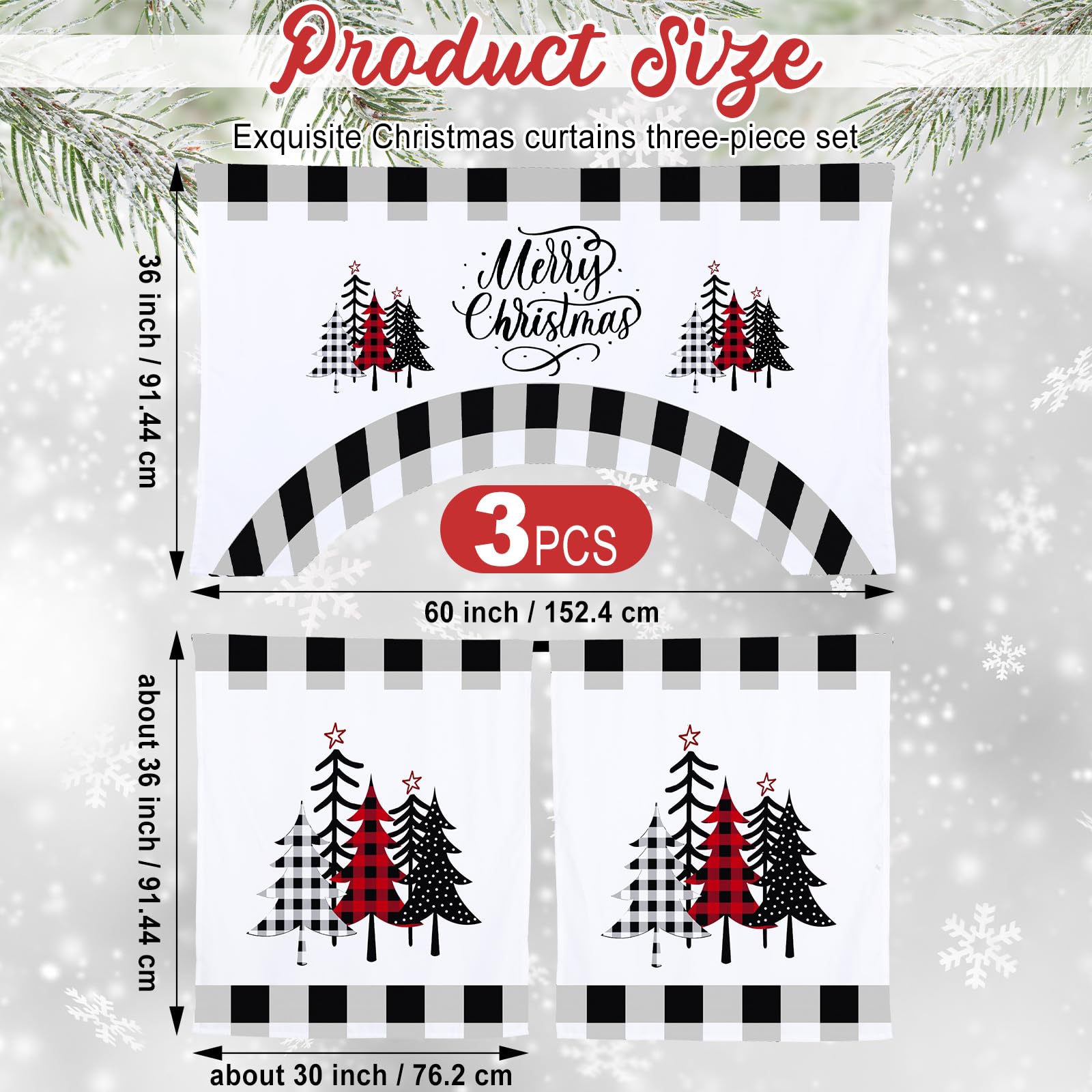 Ganeen 3-Piece Christmas Kitchen Curtain Set - Buffalo Plaid Black & White Tier Curtains with Valance | Farmhouse Holiday Decor | Perfect for Kitchen Windows, Dining Room & Christmas Home Decoration