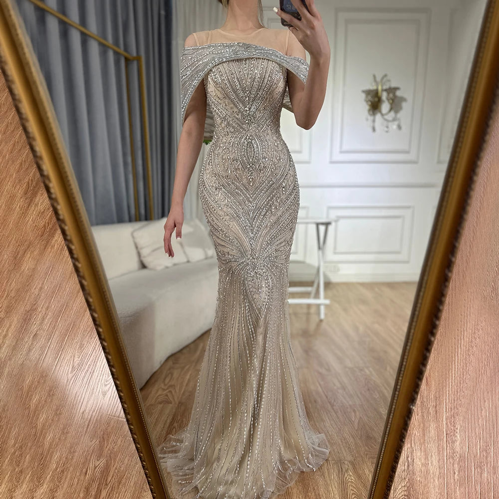Elegant Dubai & Saudi Arabian Silver Beaded Mermaid Evening Gown for Women - Formal Party Dress LA72800 | Perfect for Weddings, Galas & Special Occasions