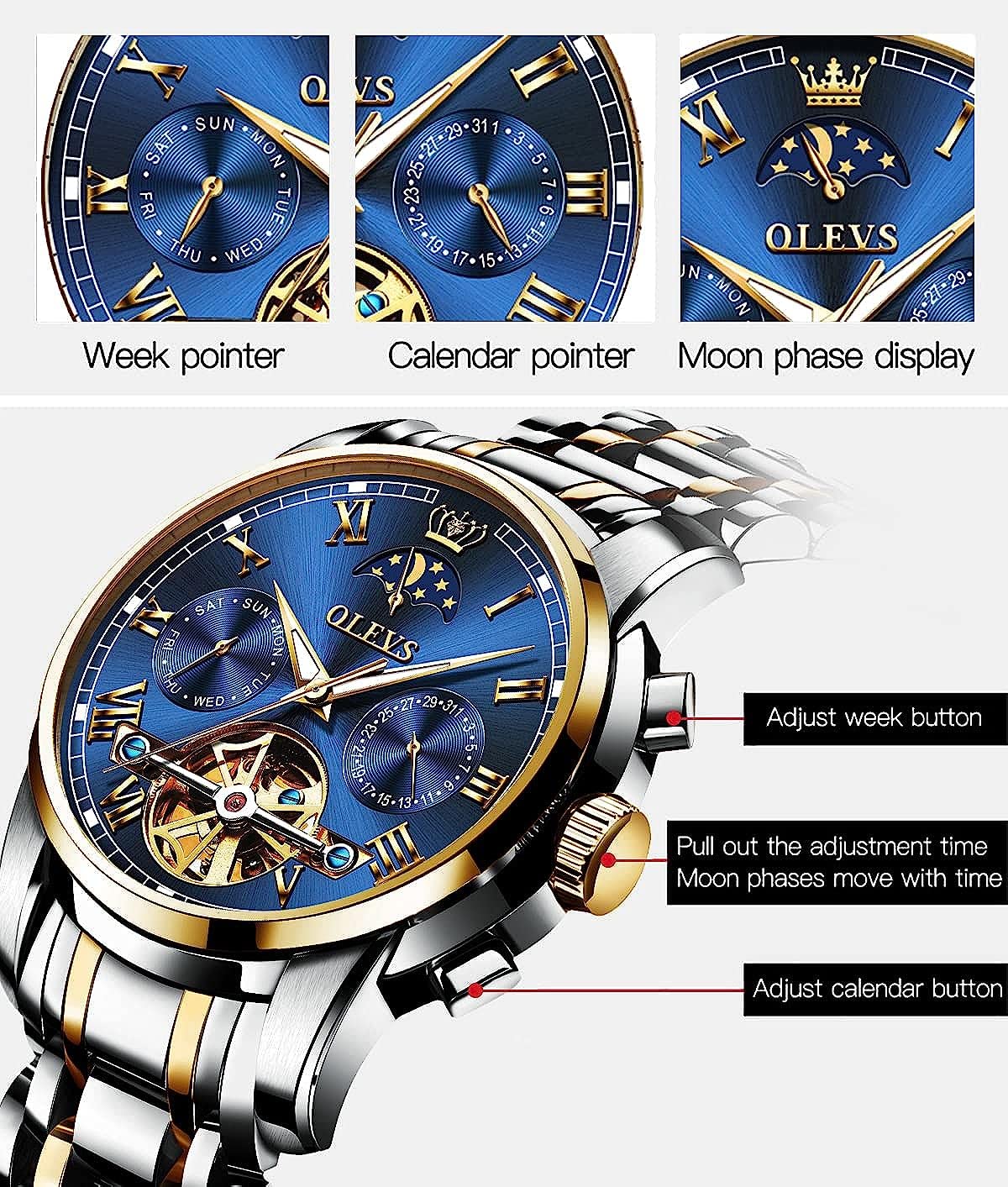 OLEVS Men's Automatic Mechanical Tourbillon Watch - Self-Winding Luxury Stainless Steel Waterproof Wristwatch with Luminous Hands & Date Display | Perfect for Business, Formal Events & Everyday Wear