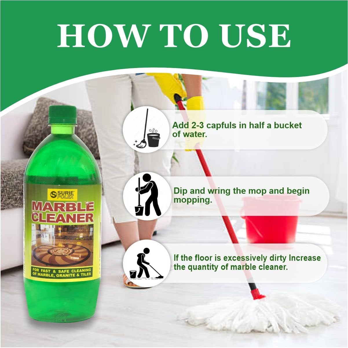 Surie Polex Marble Cleaner 1L - Premium Stone Surface Cleaner for Countertops, Floors & Showers - Safe for Natural & Engineered Marble, Granite, Travertine - Ideal for Kitchen, Bathroom & Outdoor Use