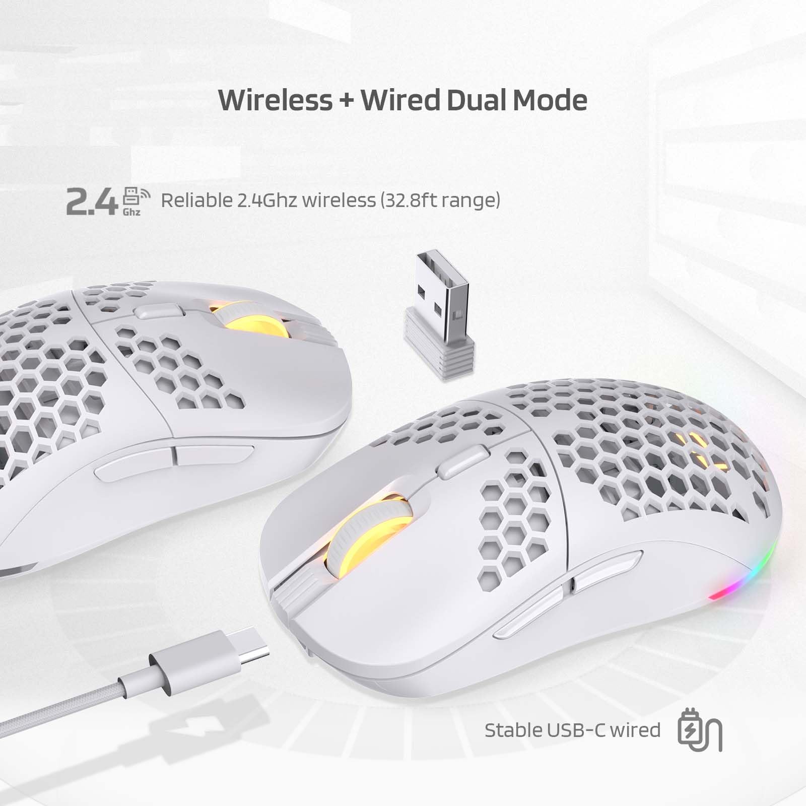 LTC WHM-001 Wireless Gaming Mouse - 10,000 DPI, 2.4Ghz/Wired RGB, Lightweight Honeycomb Shell, Ambidextrous Ergonomic Design for PC/Mac/Laptop (White) - Perfect for FPS, MOBA Games and Office Work