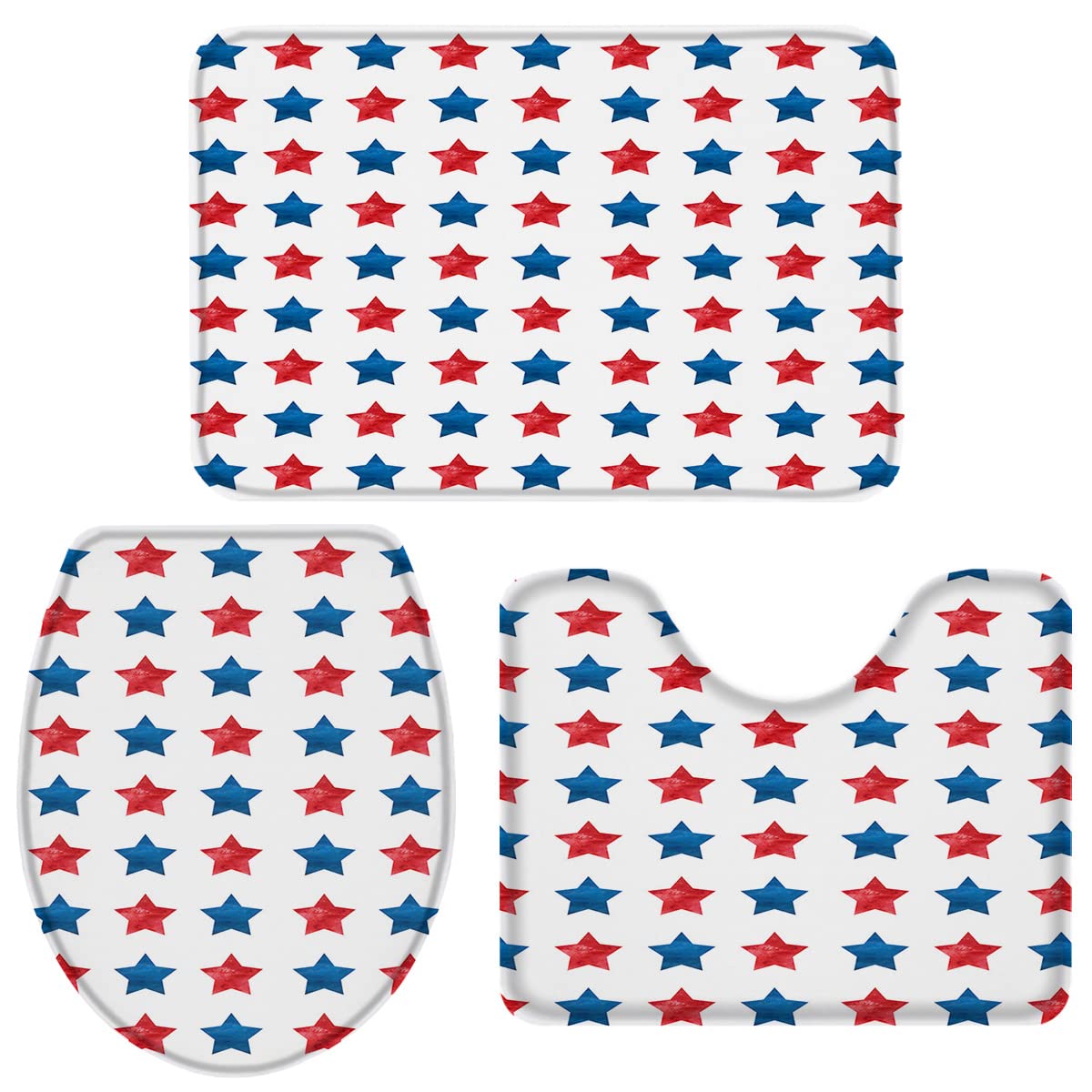 3-Piece Patriotic Bath Rug Set - Red and Blue Star Toilet Seat Cover, Contour Rug & Pedestal Mat - Non-Slip Bathroom Floor Mats for Independence Day Decor - Perfect for American Flag Themed Bathrooms, 4th of July Home Decor & Holiday Gifting